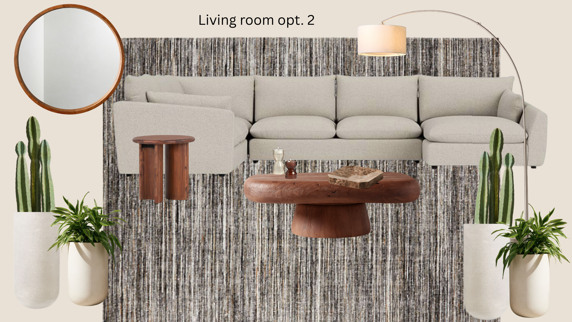 Living room with beige sofa, round wooden coffee table, small wooden side table, tall potted cacti, and green plants in white pots, decorated with a floor lamp, wall mirror, and textured wallpaper.