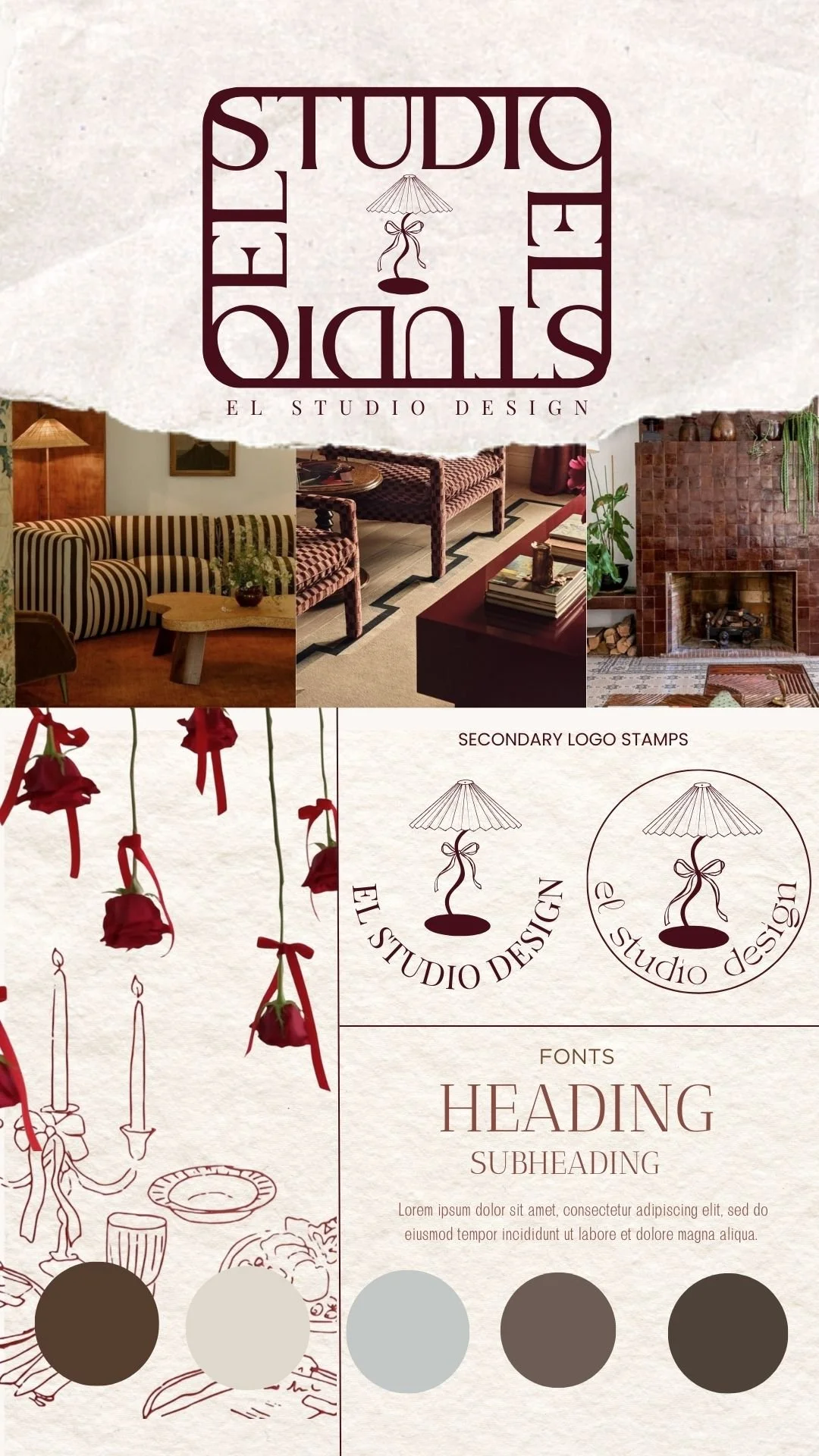 Design presentation board showing the logo of 'El Studio Design' with three interior room photos, secondary logo options, floral sketches, and color palette of four neutral shades.