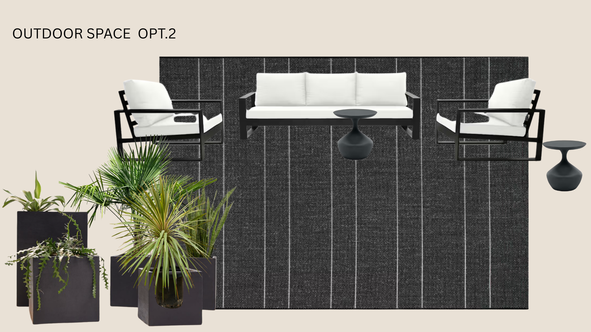 Outdoor balcony seating area with a black and white color scheme, including two armchairs, a sofa, two side tables, a patterned outdoor rug, and potted plants.