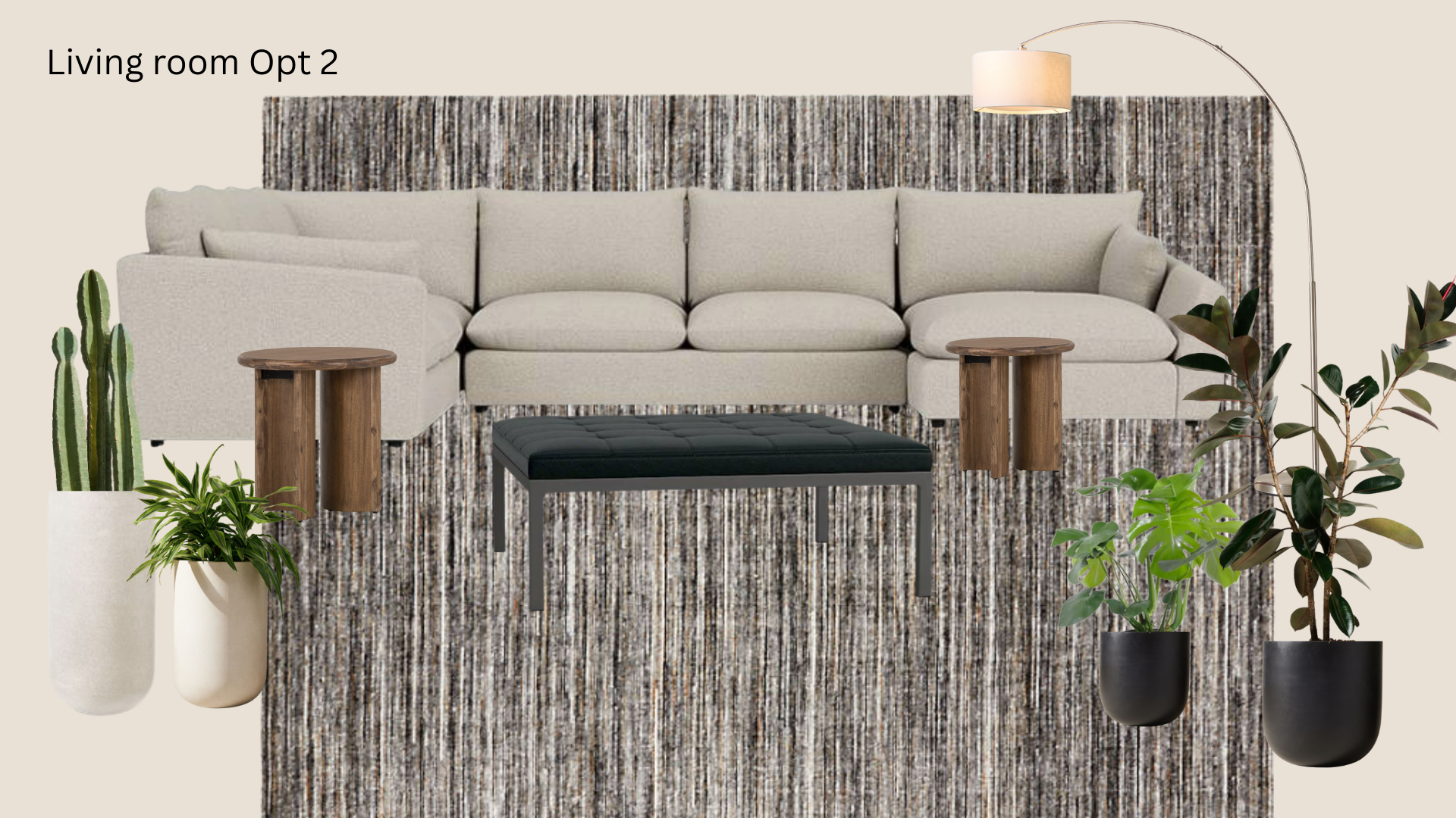 Living room with beige sectional sofa, black ottoman, two wooden side tables, tall potted cacti and plants, patterned rug, and arc floor lamp with drum shade.