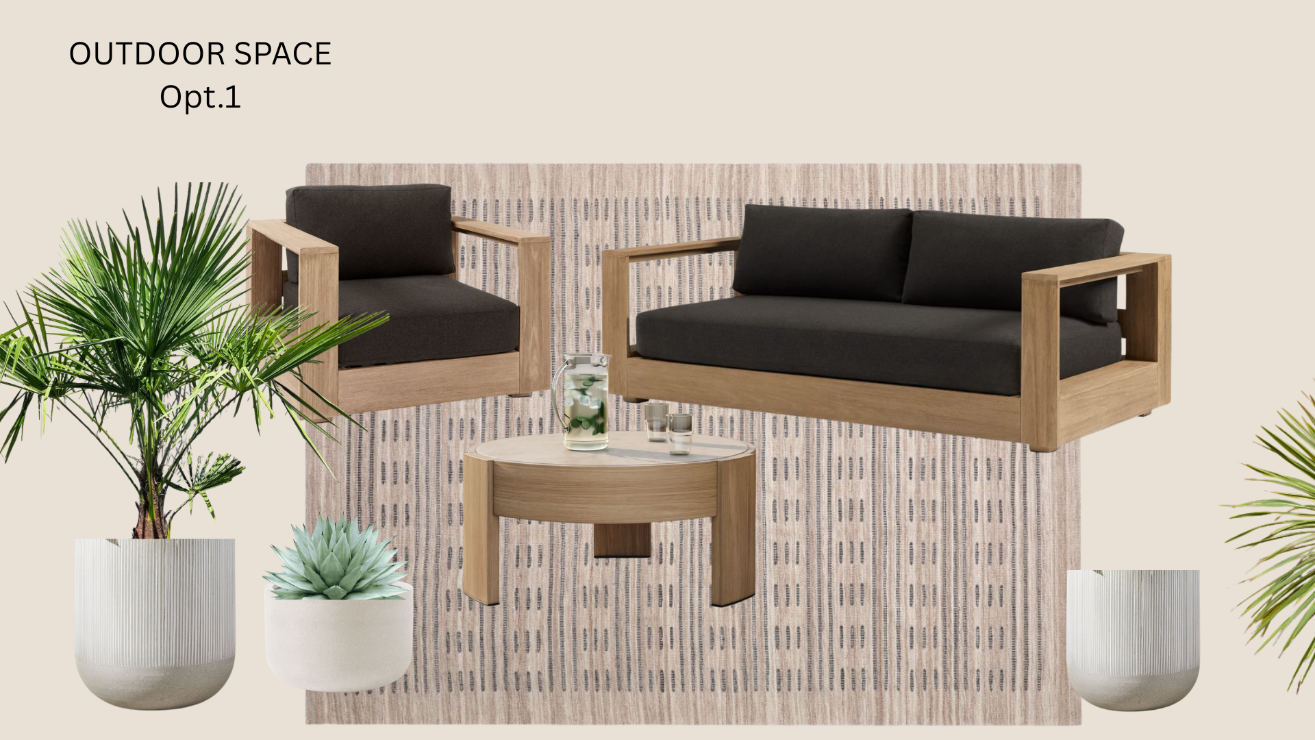 Living room setup with two wooden framed sofas with black cushions, a small wooden side table, and potted plants in white planters, with a beige patterned rug and wall background.