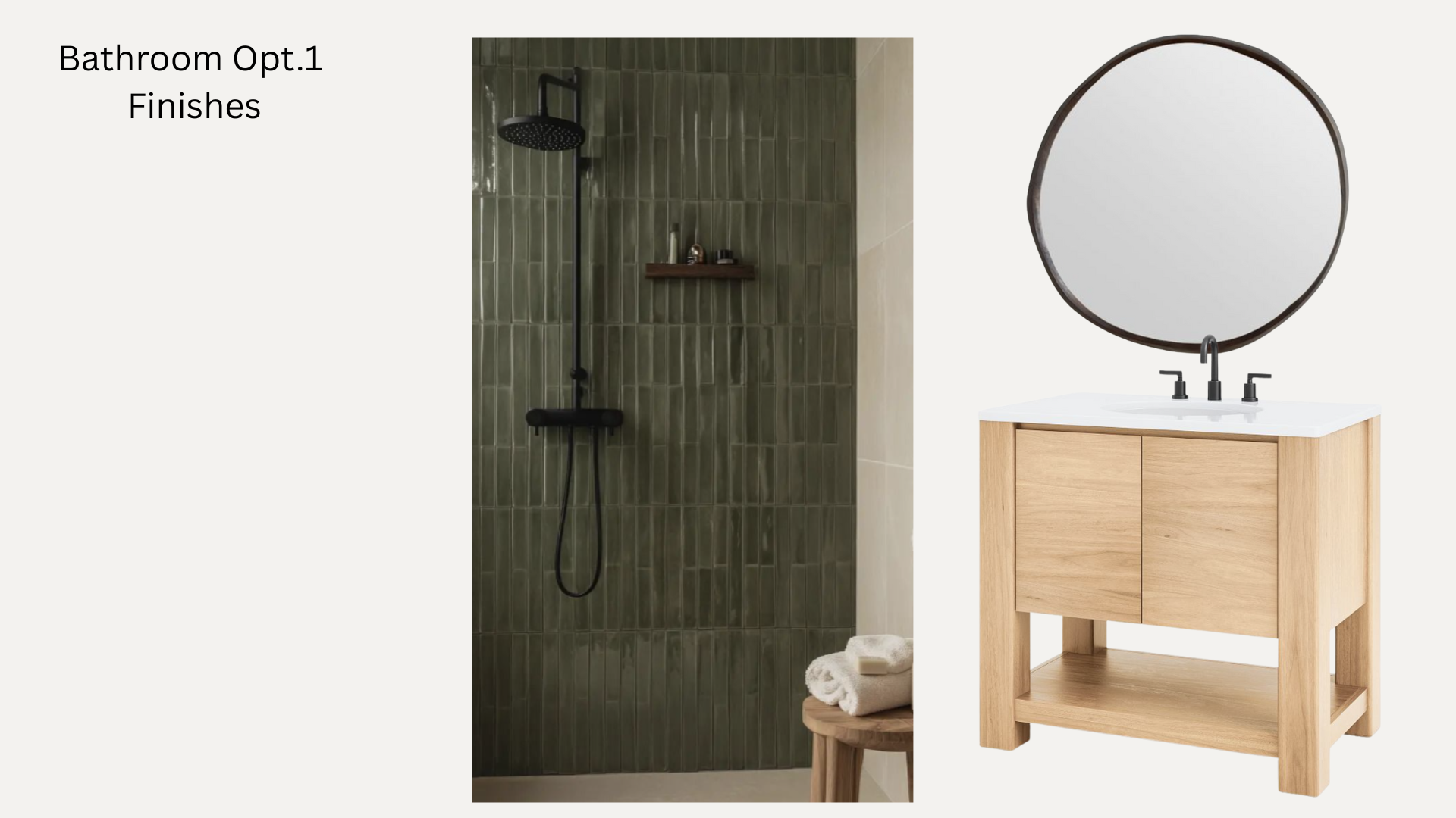 A bathroom with green tiled walls, black shower fixtures, and a wooden shelf, next to a wooden vanity with a white countertop and a round mirror.