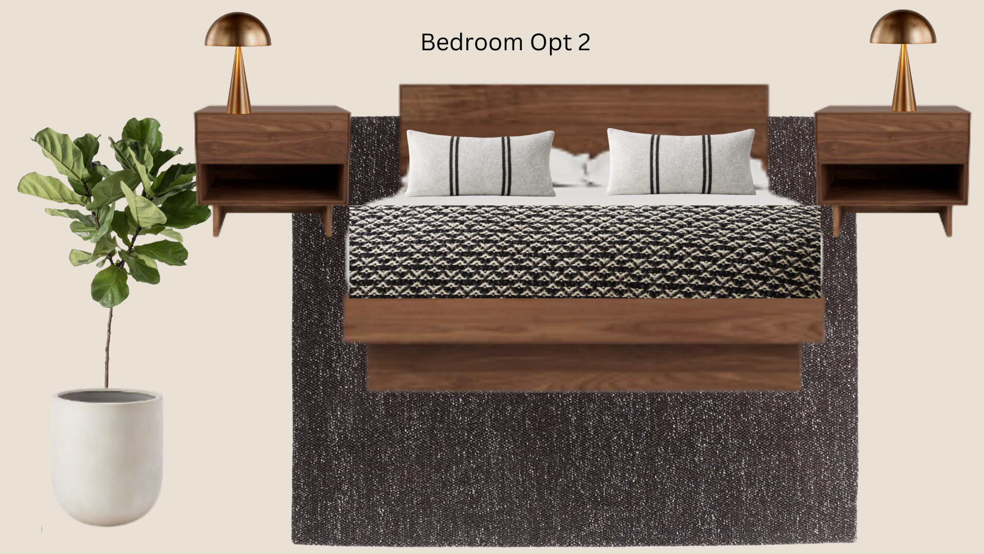 Bedroom with a wooden bed, two floating nightstands with table lamps, decorative pillows, a black and beige patterned blanket, a black and white textured rug, and a potted green plant.