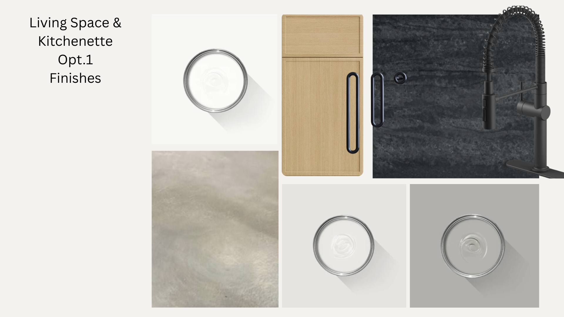 A digital display showing interior kitchen design options with text and images. The options include a light wood cabinet with black handles, a matte black kitchen faucet with a flexible hose and black finish, a black countertop with a textured finish