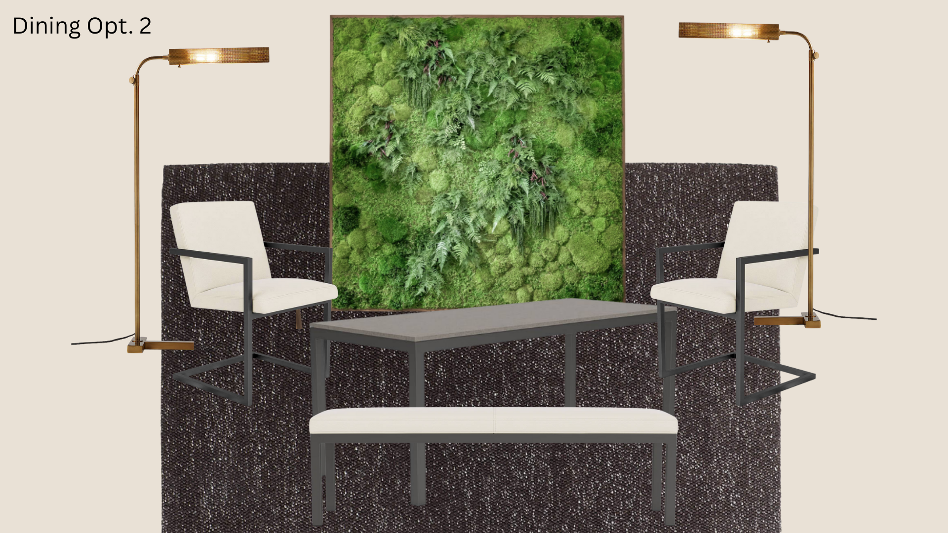 A modern seating area with two white armchairs with black frames, a rectangular gray table, and a square bench with white seating. Behind them is a large green moss wall, flanked by two brown standing lamps with brass accents. The top left corner of 