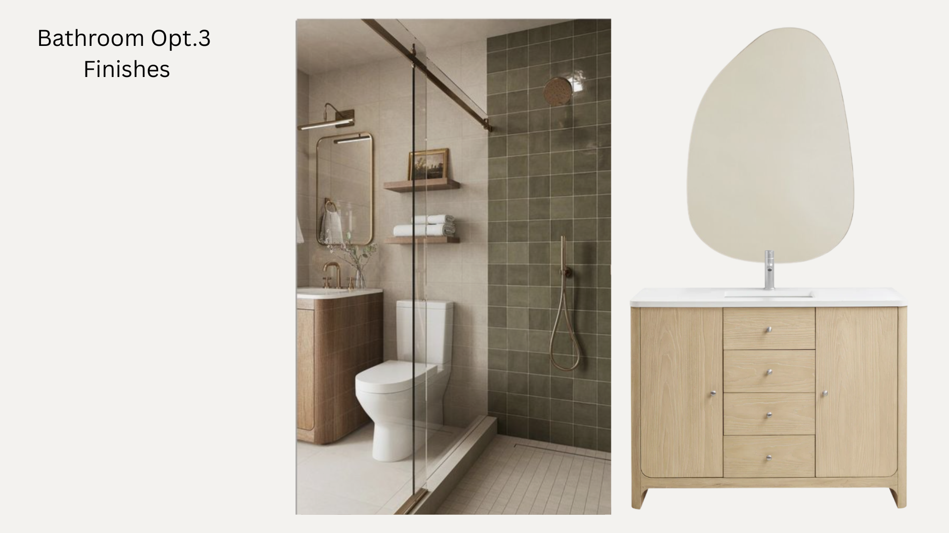 A modern bathroom with a glass-walled shower area, a white toilet, a wooden vanity with a white countertop, a rectangular mirror, and shelf with towels and framed art. The bathroom has beige and green tiles and minimalist fixtures.