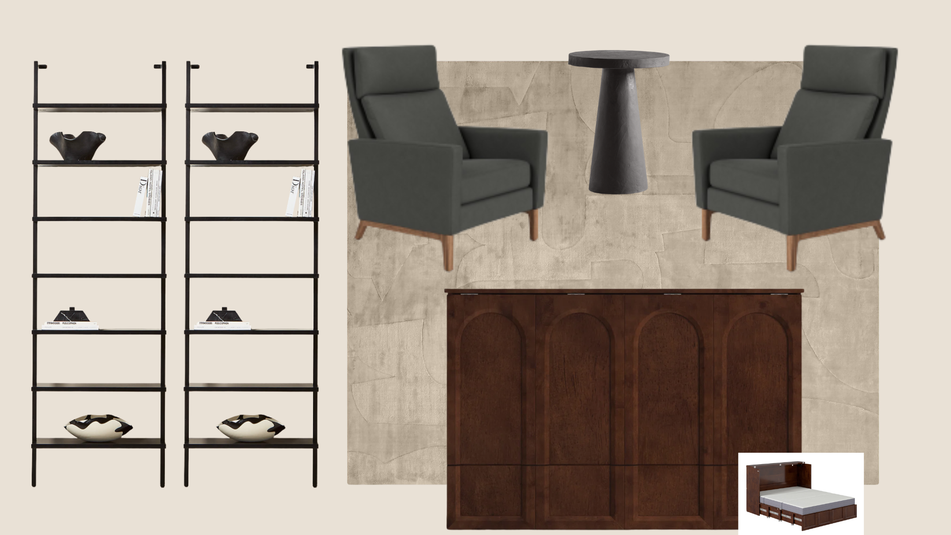 Interior room with beige textured flooring and beige wall. Furniture includes two black armchairs with wooden legs facing each other with a round black side table between them. A dark wood cabinet is placed below the chairs. There are two black metal