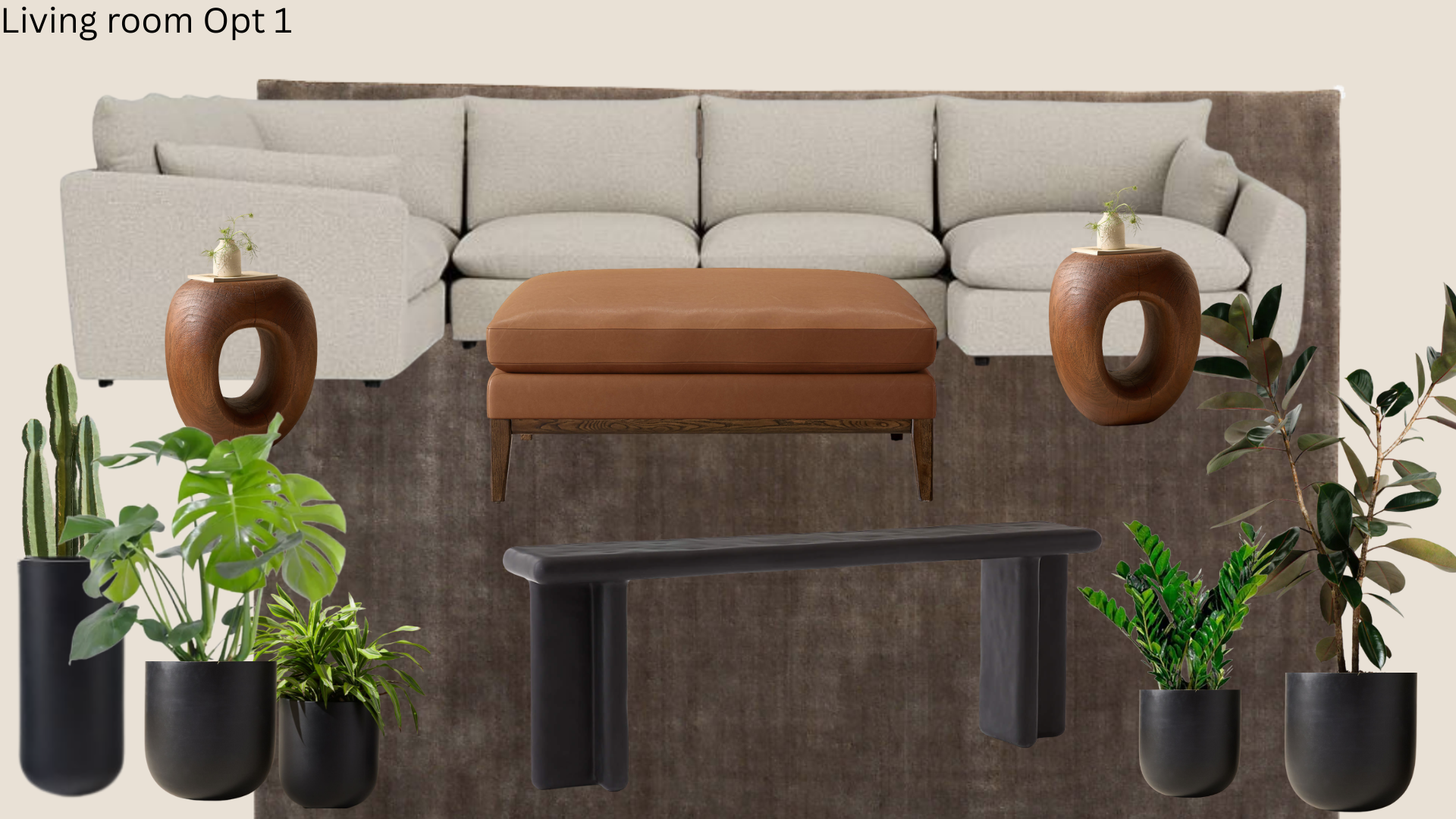 A living room with a beige sectional sofa, a brown leather ottoman, two wooden side tables with small plants, a black rectangular coffee table, and several potted plants in black pots.