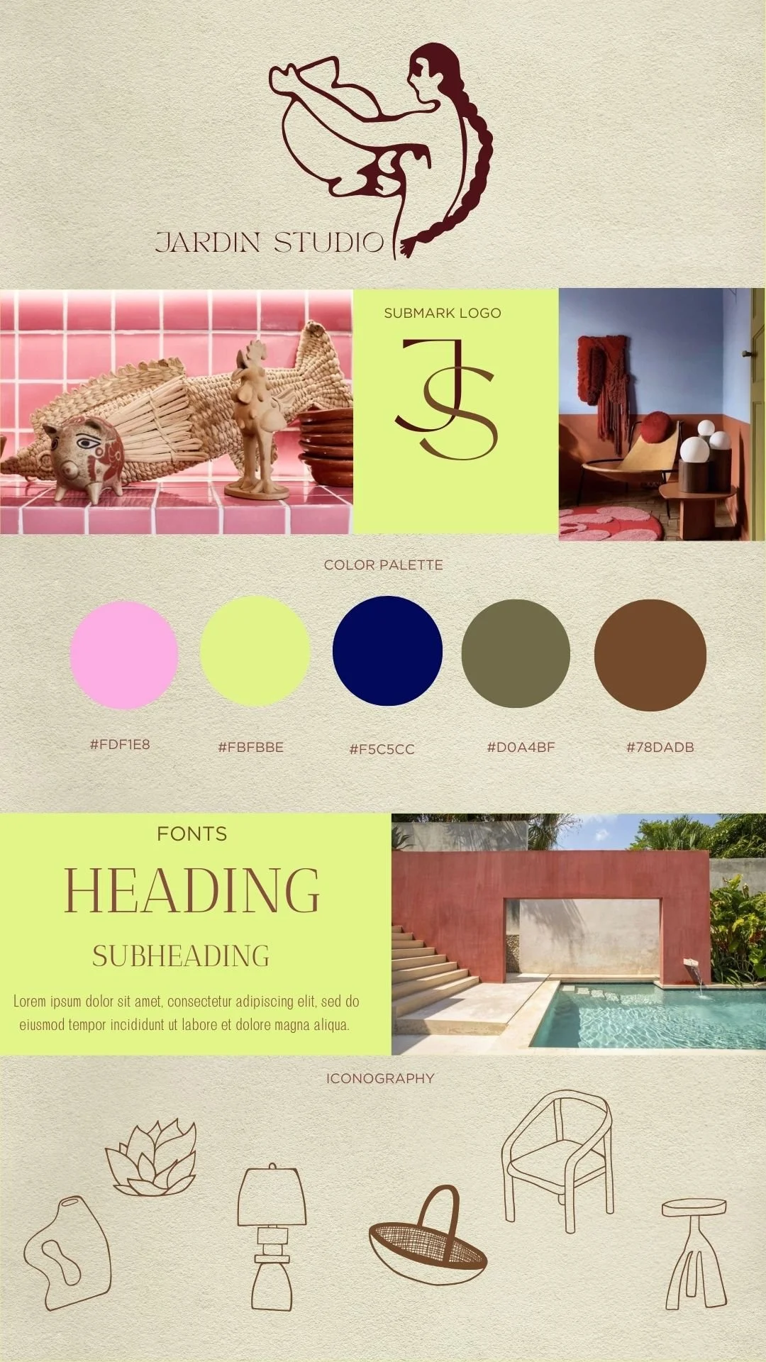 Design mood board for Jardin Studio featuring a logo of a woman holding a pot, images of decorative objects, a pool, and interior decor, with color palette including pink, light green, navy blue, olive green, and brown, and line icons of a leaf, lamp, basket, chair, and stool.