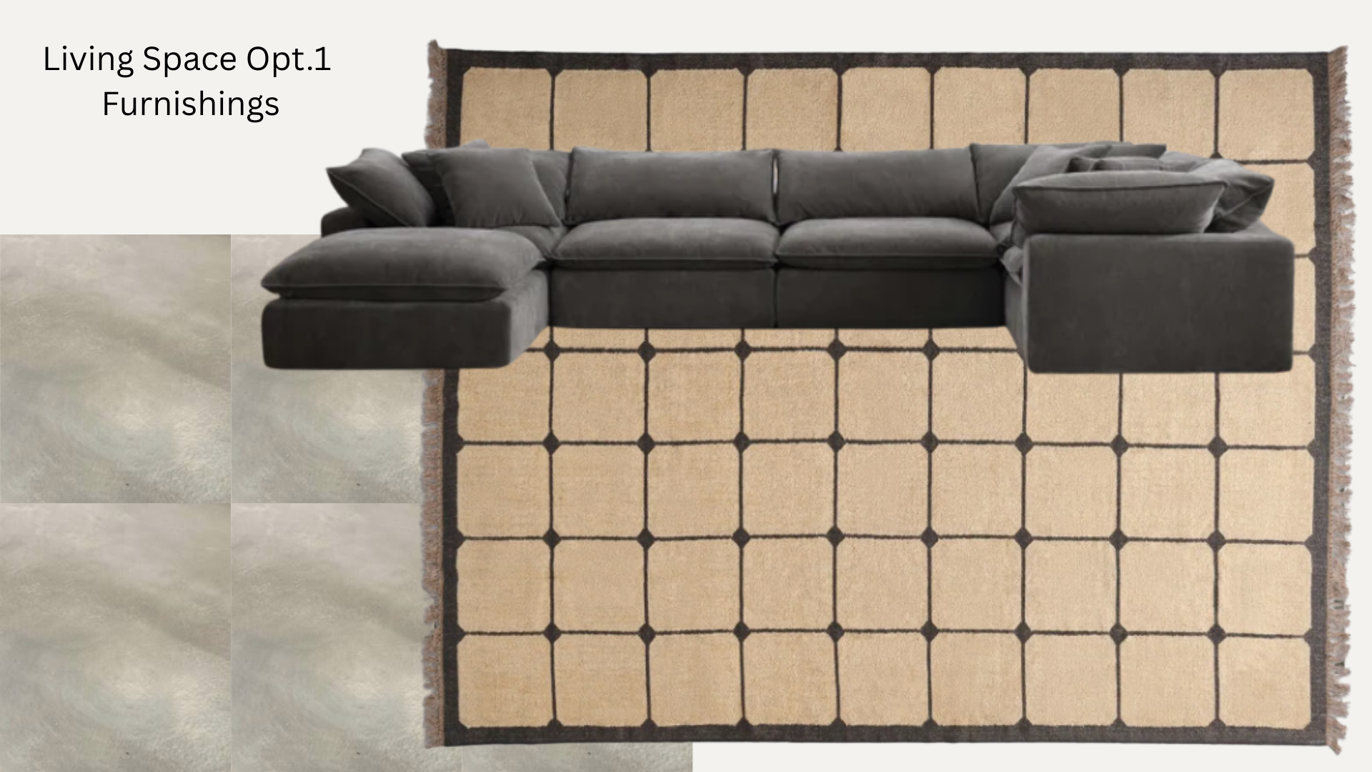 A black sectional sofa on a large beige and black patterned area rug.