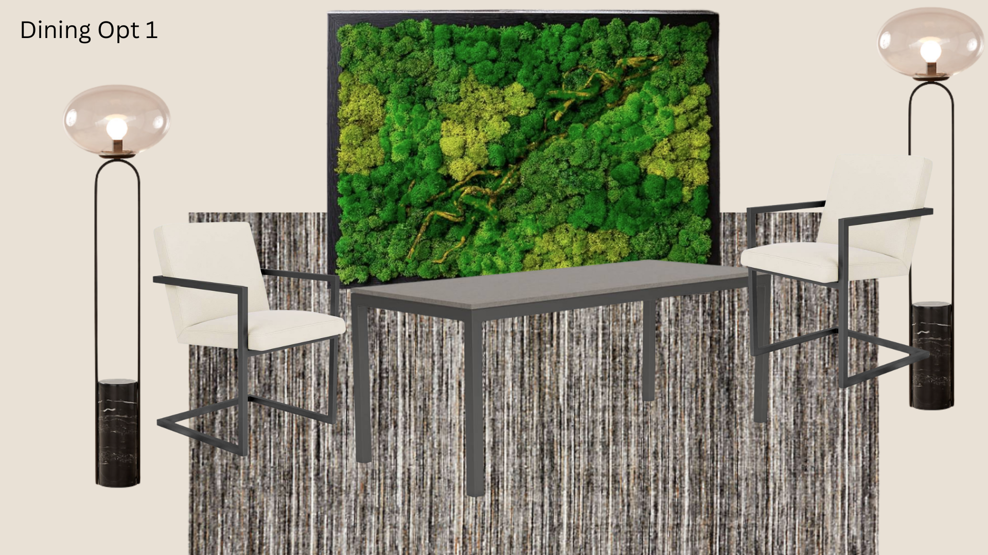 Modern dining room with a rectangular table, two white armchairs with metal frames, two tall floor lamps with black bases, and a large green moss wall art on the beige wall.