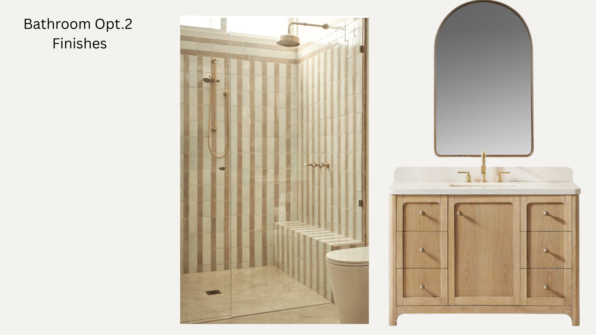 Interior view of a bathroom with a walk-in shower with beige and brown striped tiles, glass door, and built-in bench; a wooden bathroom vanity with a white countertop, gold fixtures, and a large arched mirror above.
