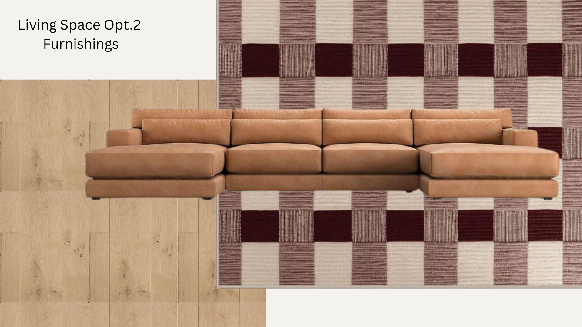A tan leather sectional sofa on a checkered area rug with cream and burgundy squares, next to light wood flooring, part of a living space interior.