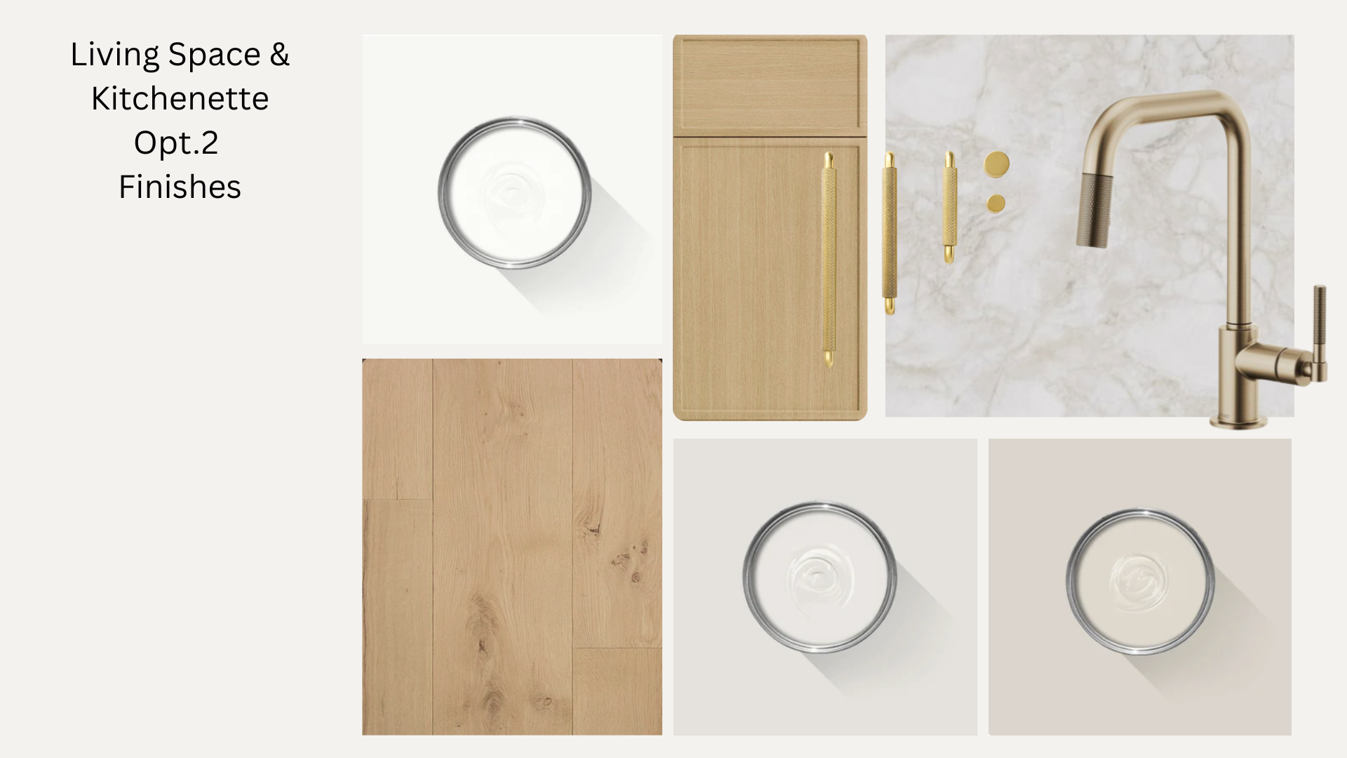 Arrangement of items for a living space and kitchenette in a modern, gold and wood finish, including a round metal tray, light wood cabinets and flooring, small gold handles and fixtures, a marble countertop, and a gold kitchen faucet.