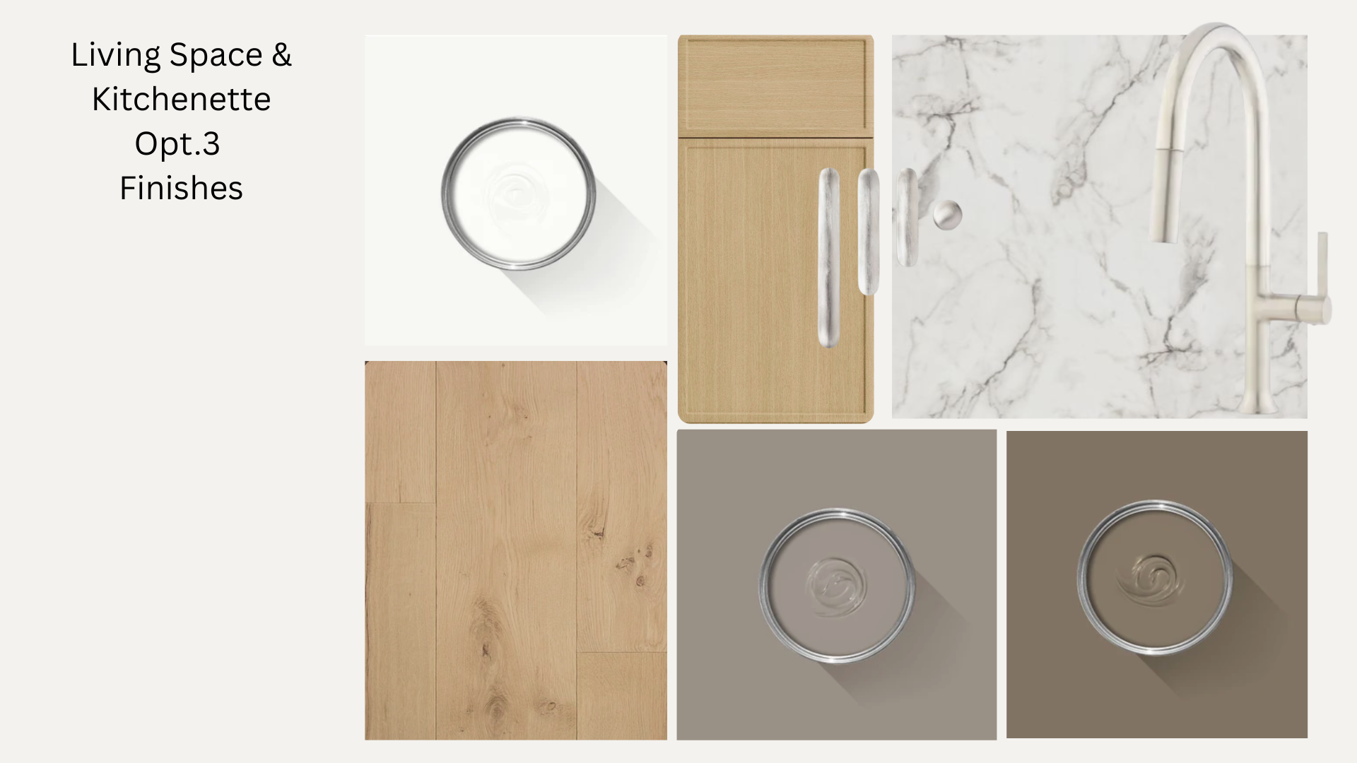 Material and finish samples for a living space and kitchenette, including a wood floor, marble countertop with a sink, a wooden cabinet, and two circular metallic decorative pieces.
