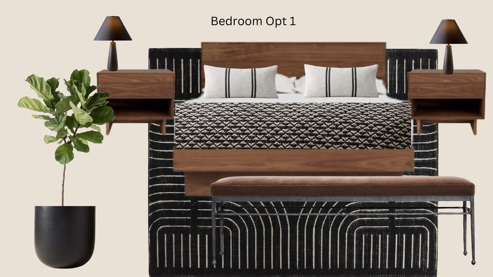 A bedroom with a wooden bed, black and white patterned bedding, two gray pillows with black stripes, two matching nightstands with black lamps, a potted plant, a black and white geometric rug, and a brown bench at the foot of the bed, labeled 'Bedroo