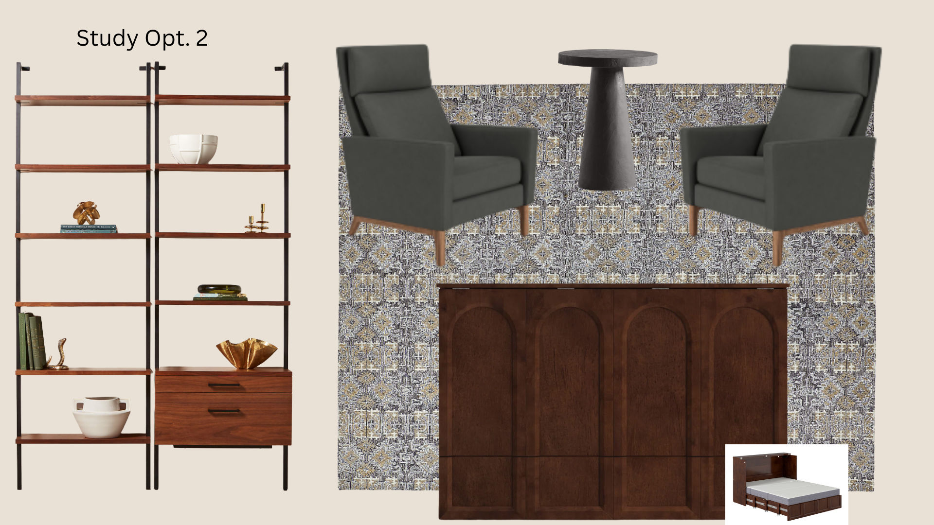 Interior room decor with a tall black and wood shelving unit displaying decorative objects, two dark green armchairs, a round black side table, a wooden sideboard with arched panels, a patterned rug, and a small inset image of a bed outline.