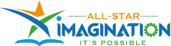 All-Star Imagination logo with stylized person jumping, open book, and gear, in blue, green, orange, and black.