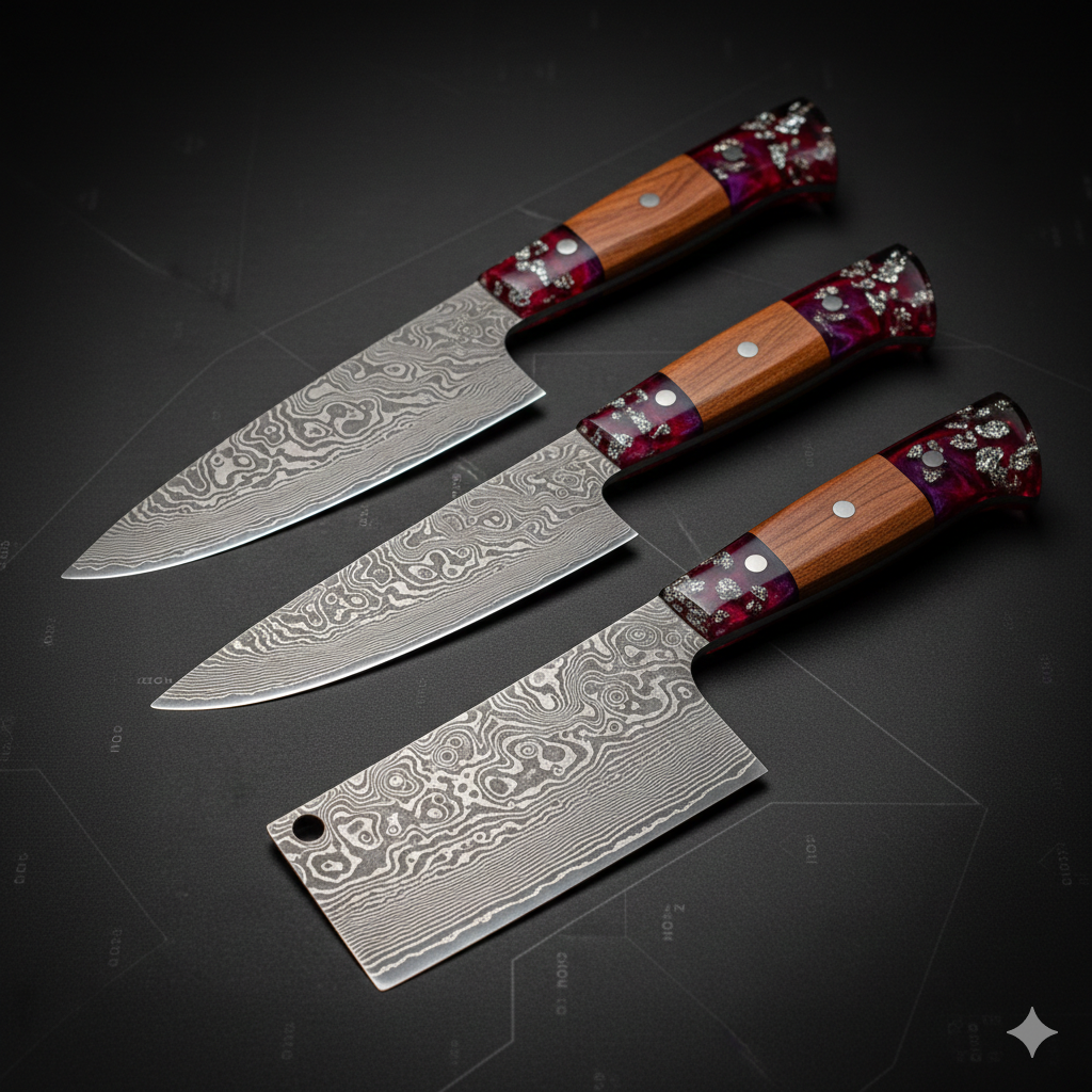 Precision Damascus Blades Collection with Crimson Sovereign Burls