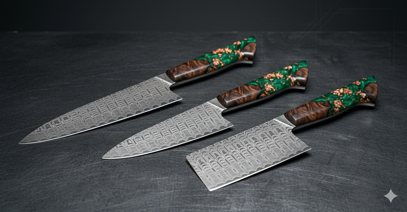 Precision Damascus Blades Collection with Emerald and Gold Burls