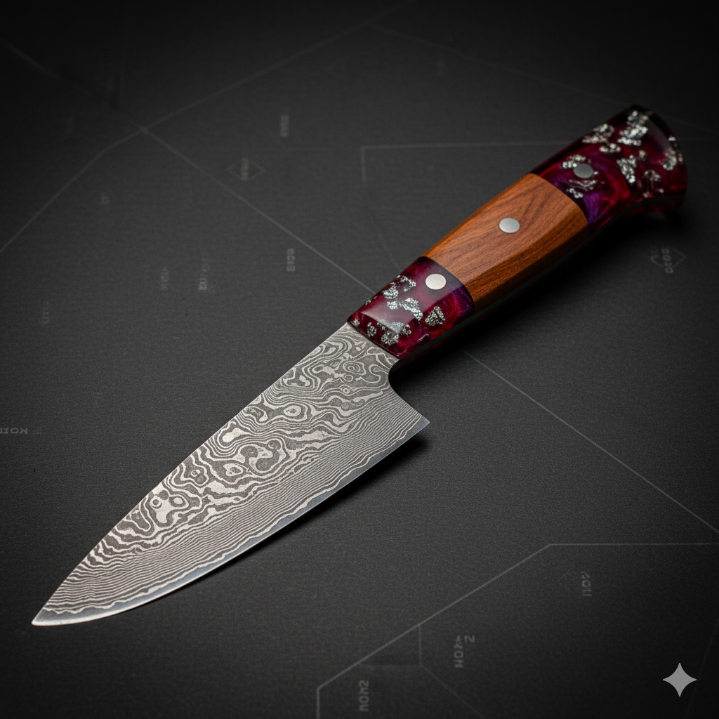 Chef's Precision Damascus Blade with Crimson Sovereign Burl