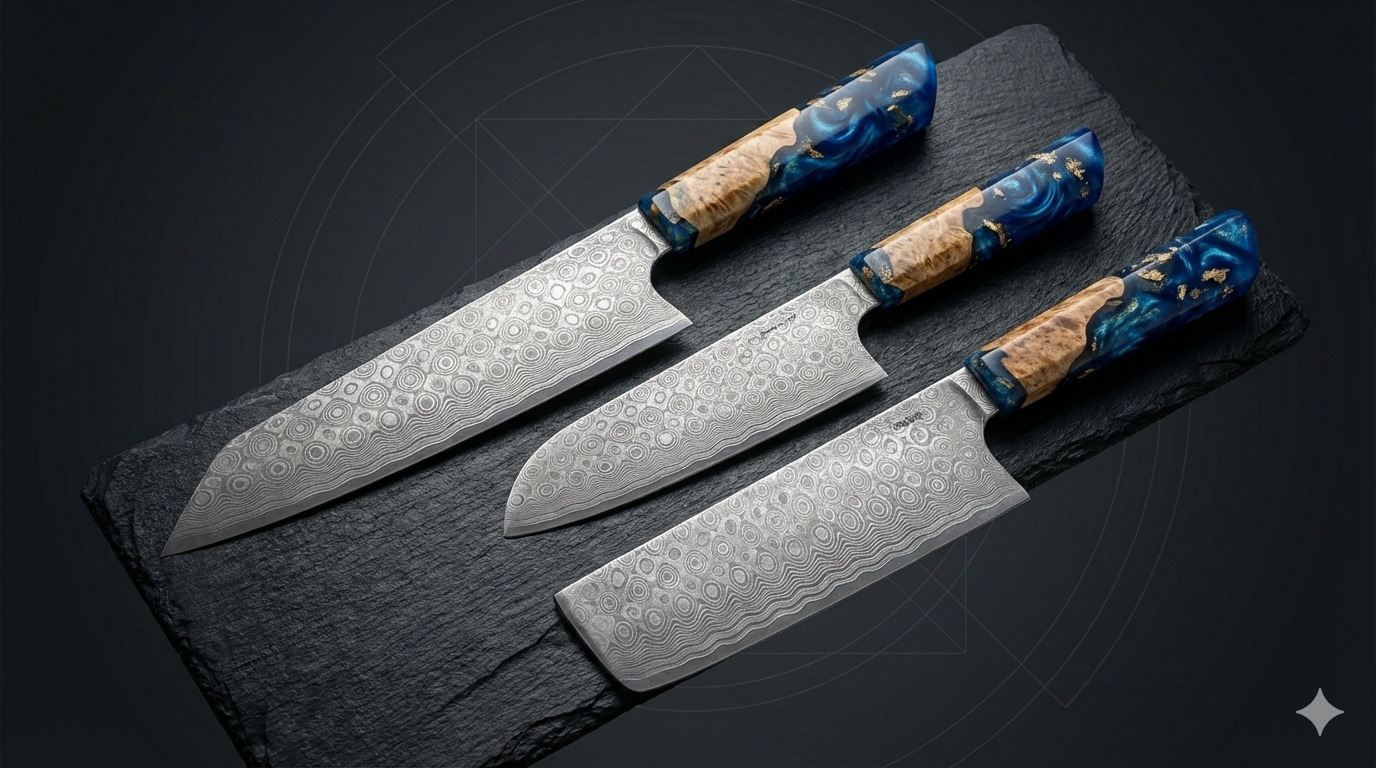 Precision Damascus Blades Collection with Midnight Sapphire Burls