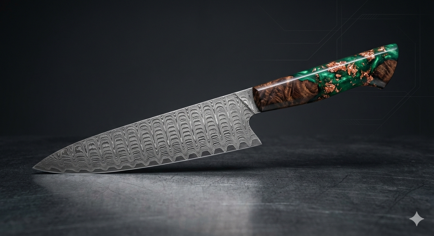 Chef's Precision Damascus Blade with Emerald and Gold Burl