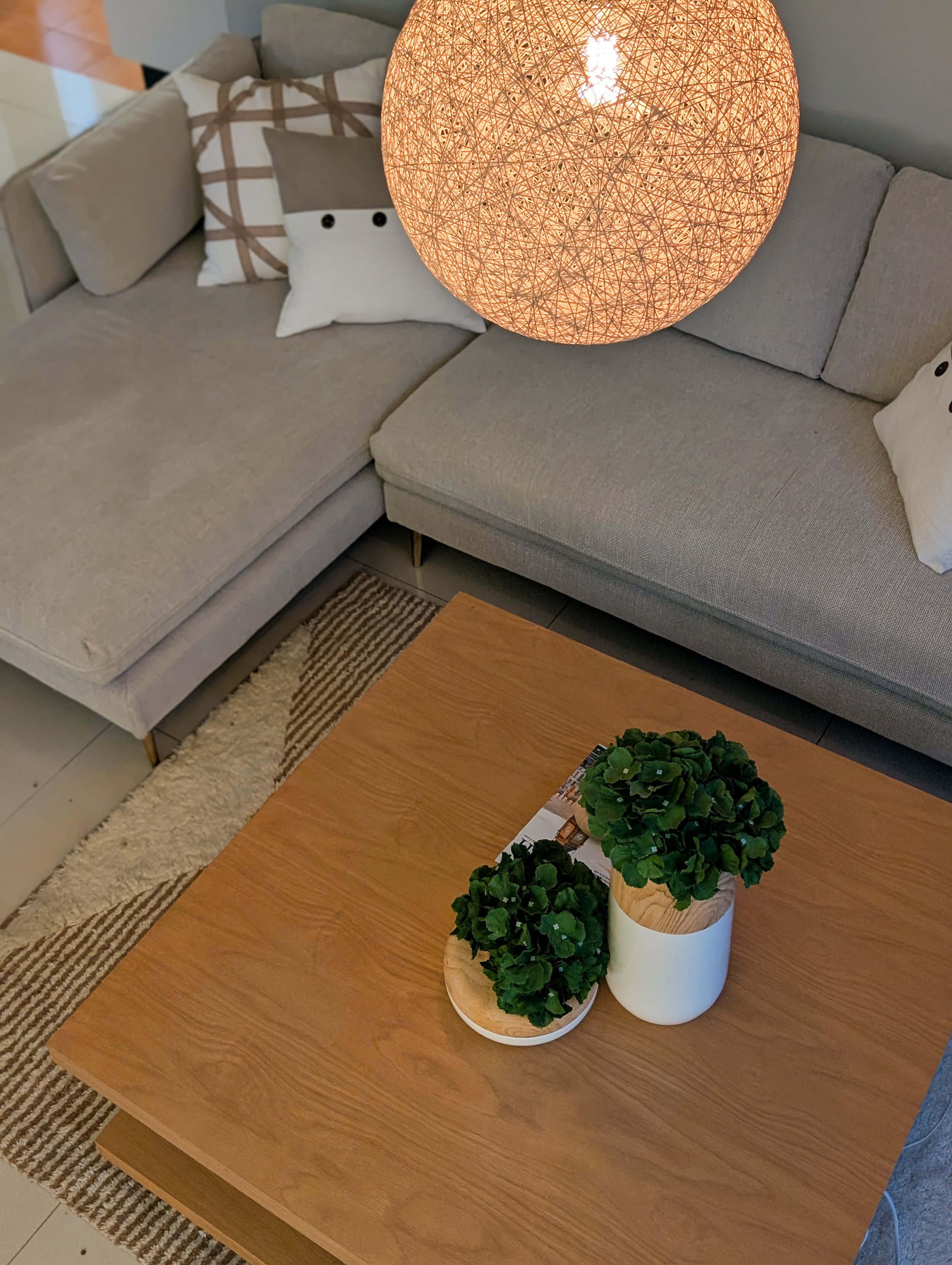 A living room with a beige sectional sofa, decorative pillows, a wooden coffee table with two potted plants, and a large woven spherical pendant light.