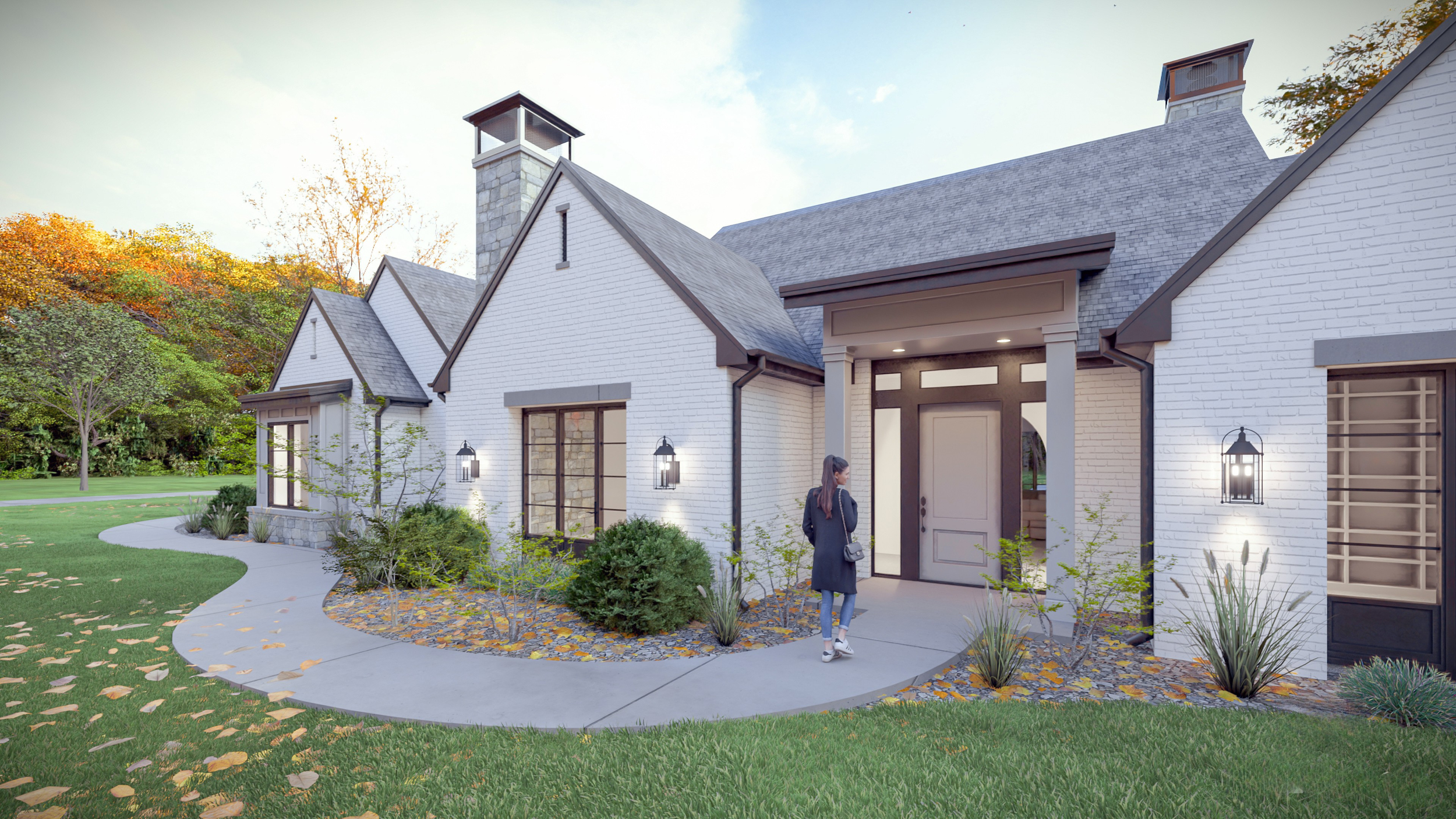 Modern English cottage-style house exterior with roof and windows.
