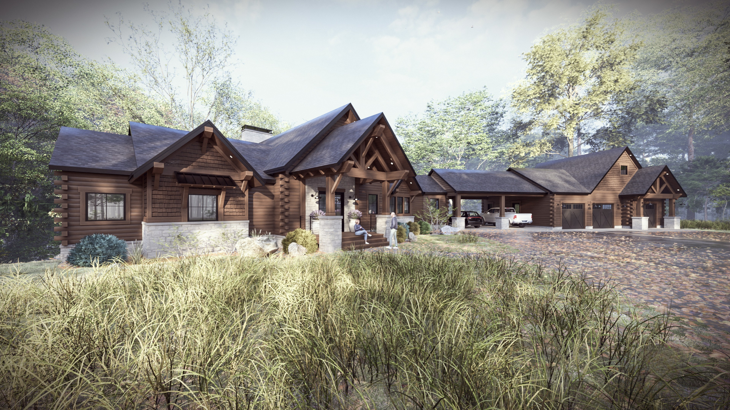 Custom log cabin home featuring a large garage, timber framing, and classic rustic architecture.