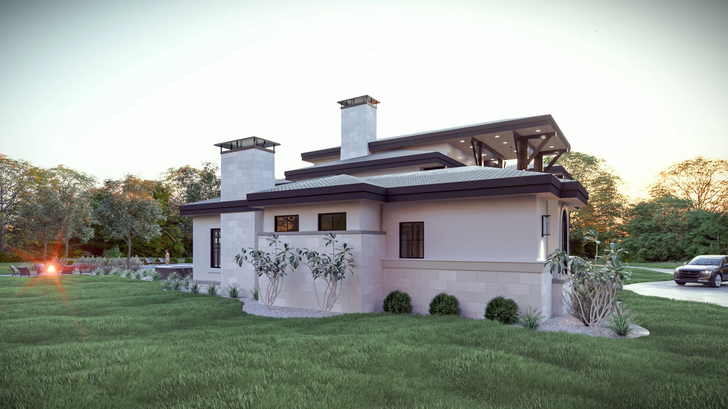 3D rendering of Mediterranean-style home exterior with stucco walls, arched windows, and slate roof.
