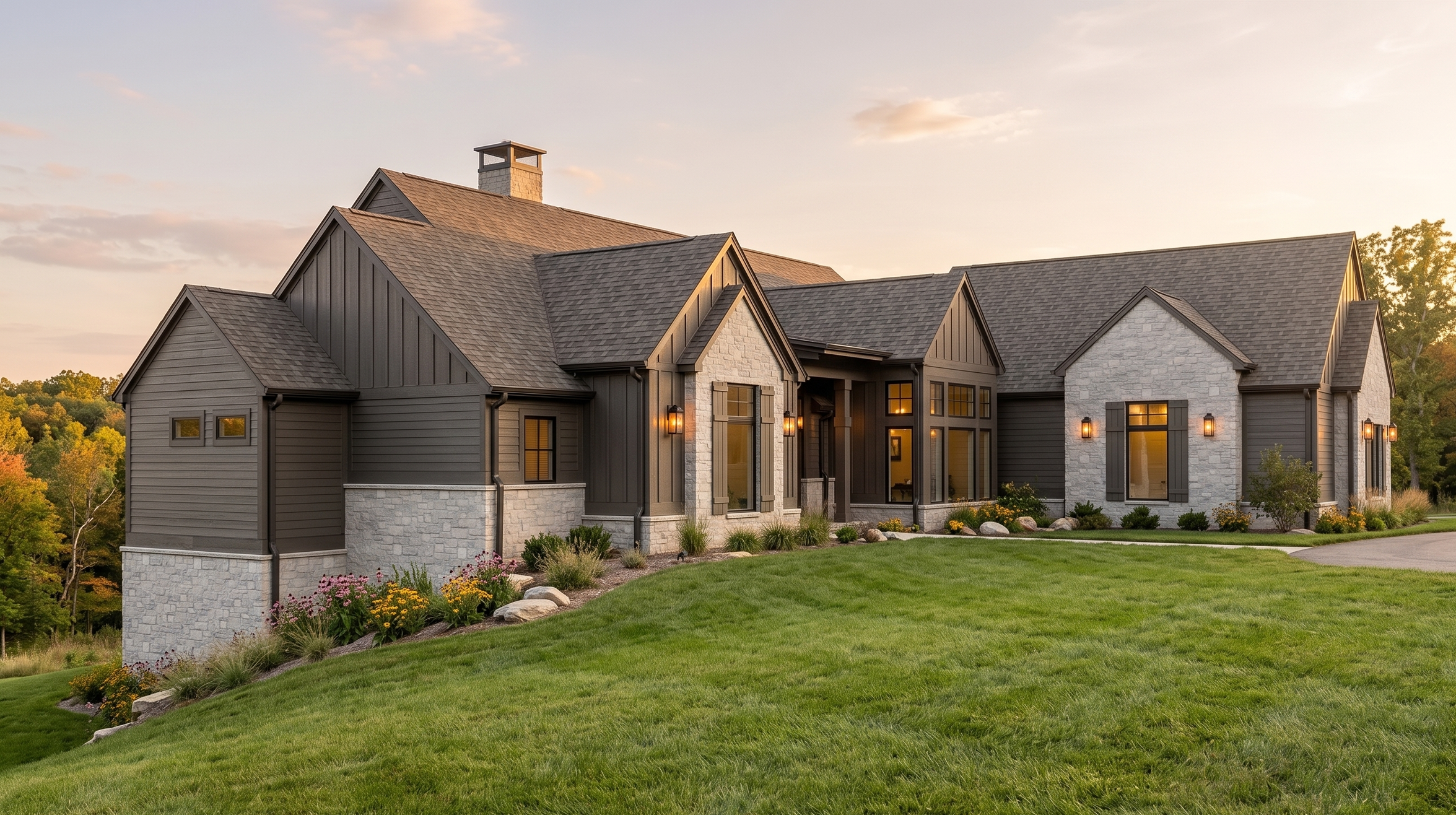 Modern traditional home front view with accessible layout, clean lines, and inviting exterior design.