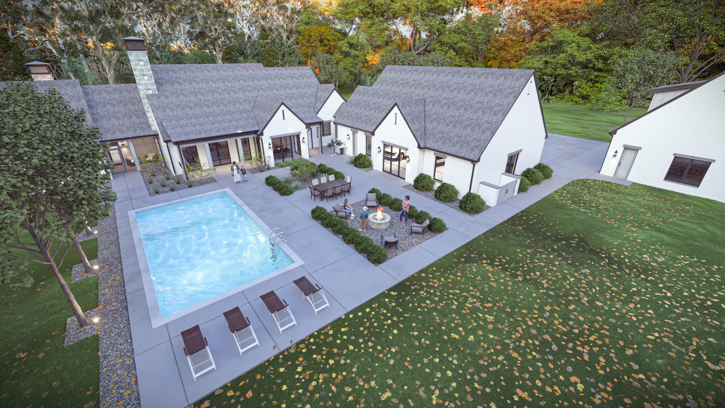 Outdoor area of modern English house with patio or seating space by inground pool.