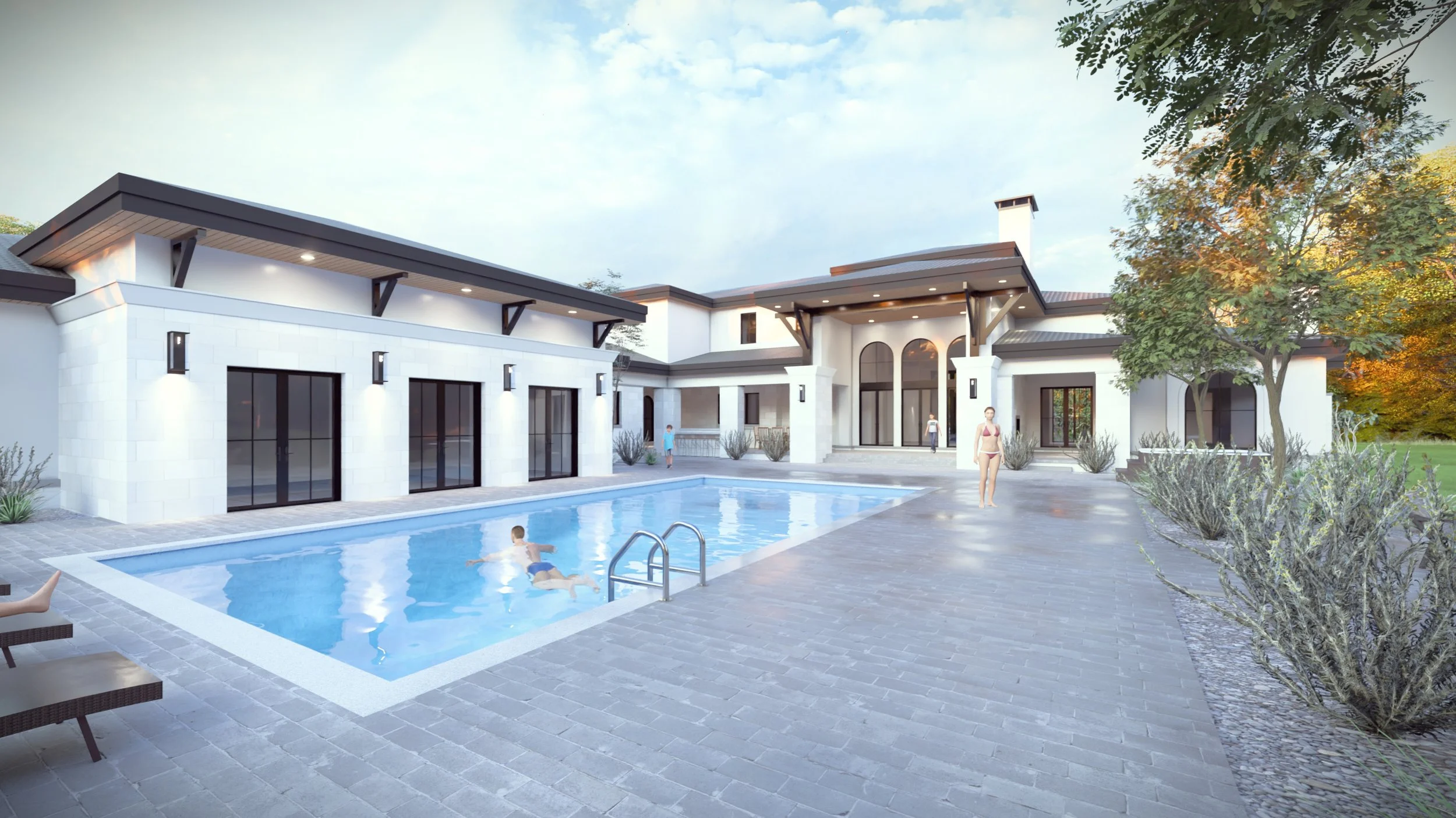 Mediterranean-style villa with poolside lounge area and landscaped courtyard.