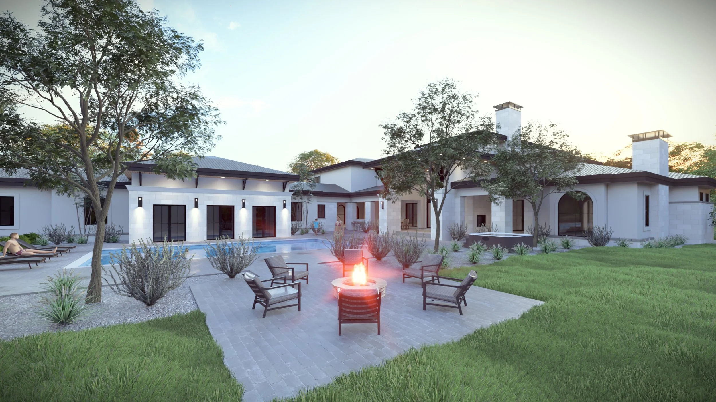 Backyard of Mediterranean home with pool, stone patio, and arched patio doors — perfect for outdoor entertaining.