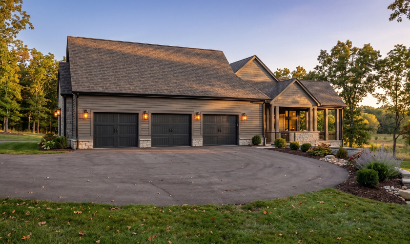 Attached garage exterior on accessible modern traditional home with clean finishes and functional architectural design.
