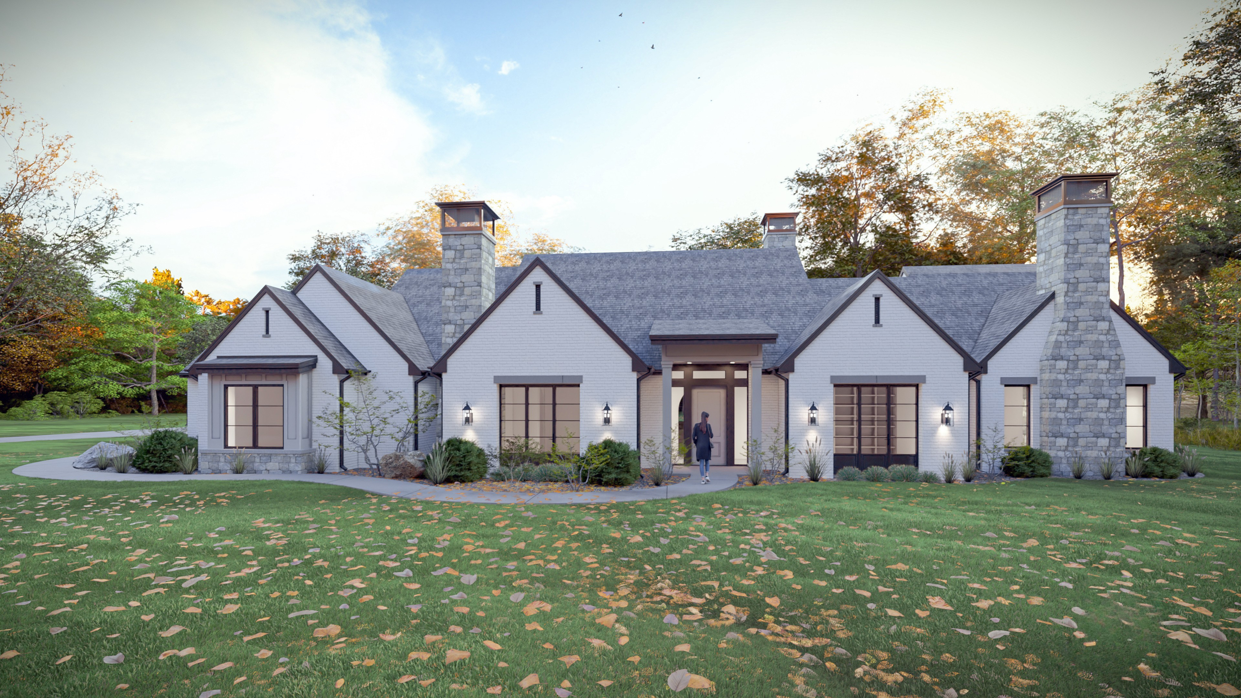 Front view of a one floor modern English house showing exterior layout.