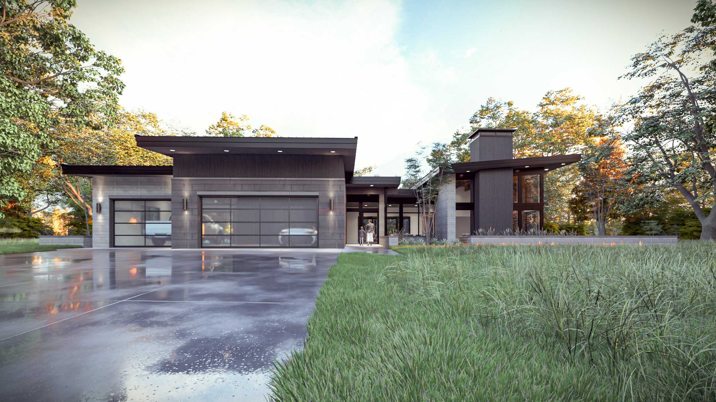 Modern home exterior featuring glass garage doors integrated into a sleek contemporary façade with mixed materials. 
