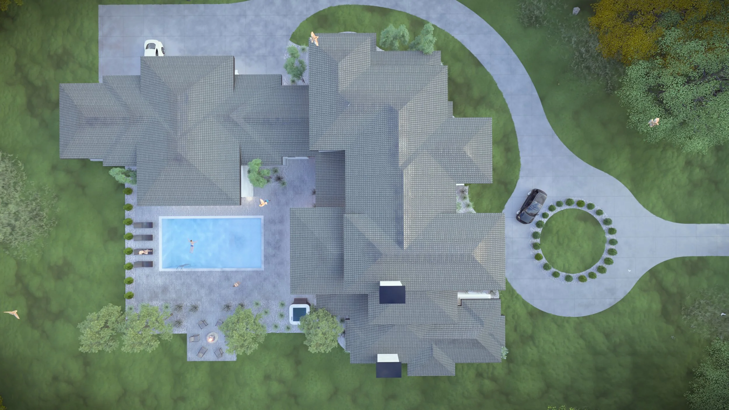 Aerial view of Mediterranean villa highlighting roof design, driveway, pool, and landscaped surroundings.