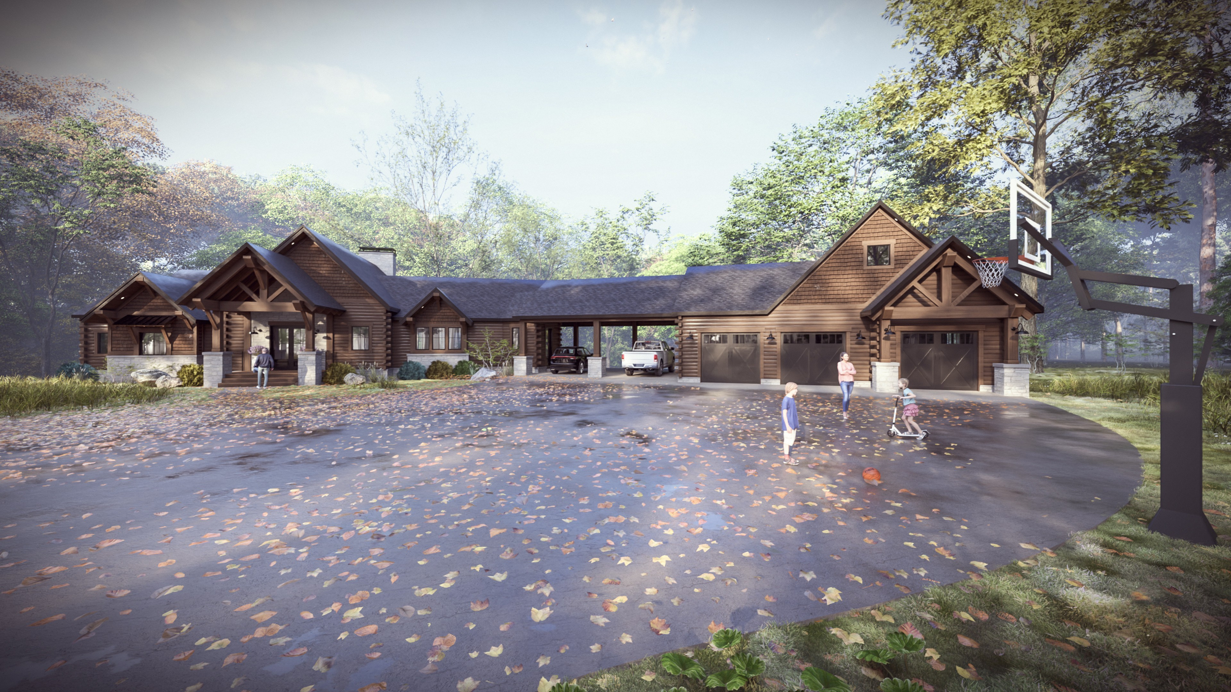 Modern rustic log home exterior combining traditional log construction with updated architectural design.