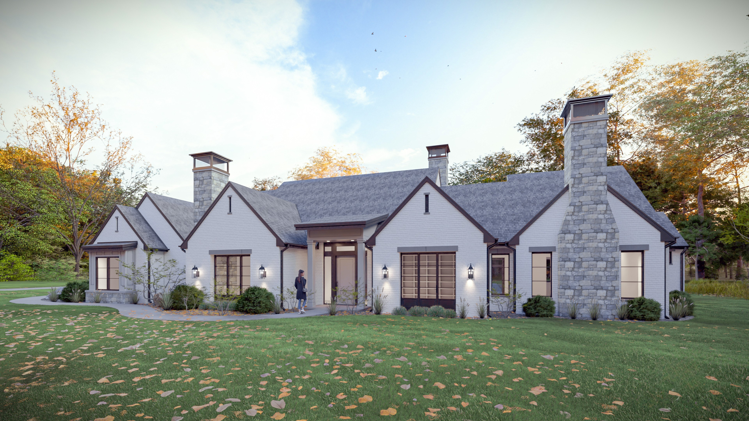 Front of a one story modern English house with main entrance and windows.