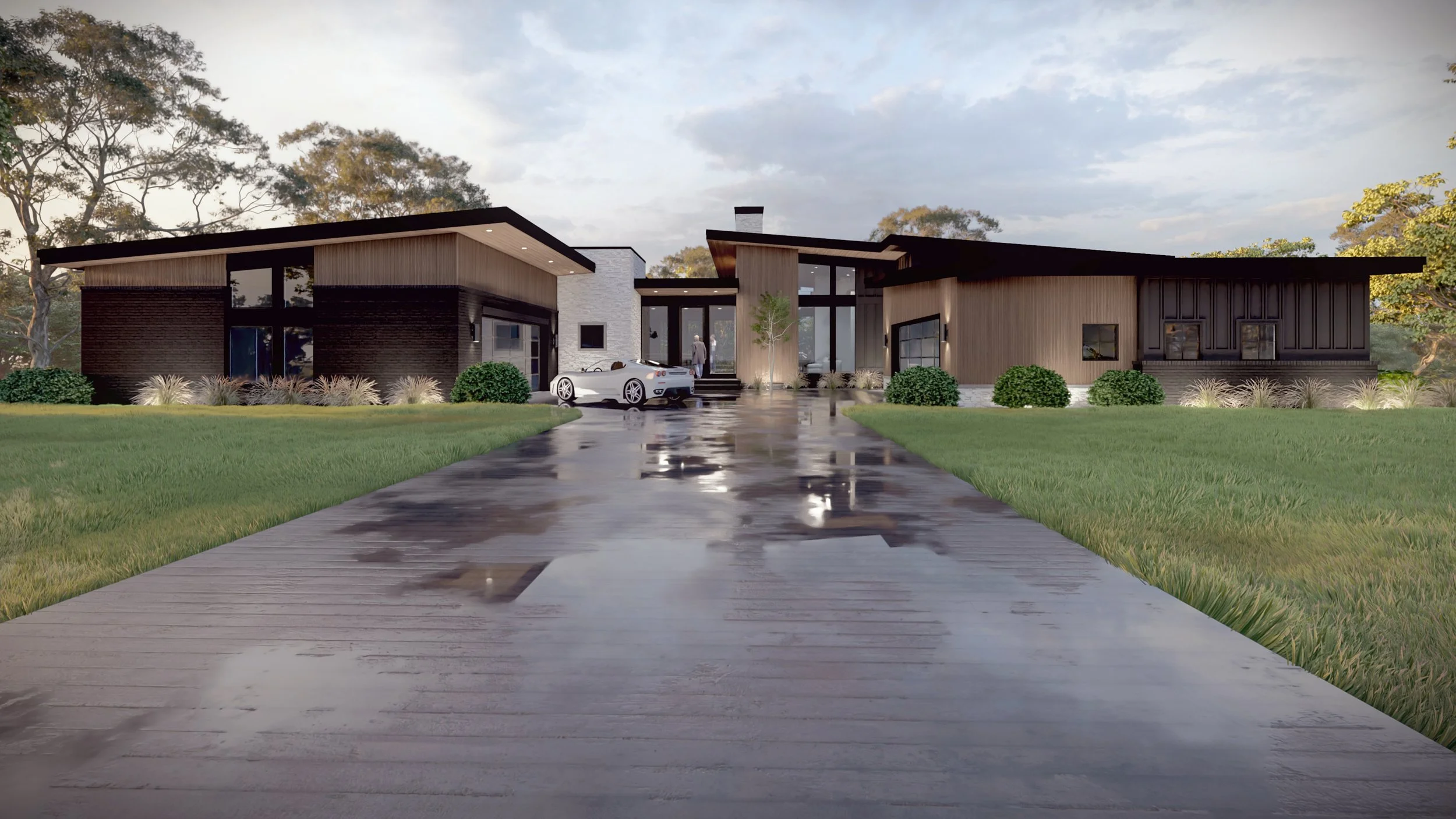 Modern luxury home exterior with large glass windows and clean contemporary architecture.