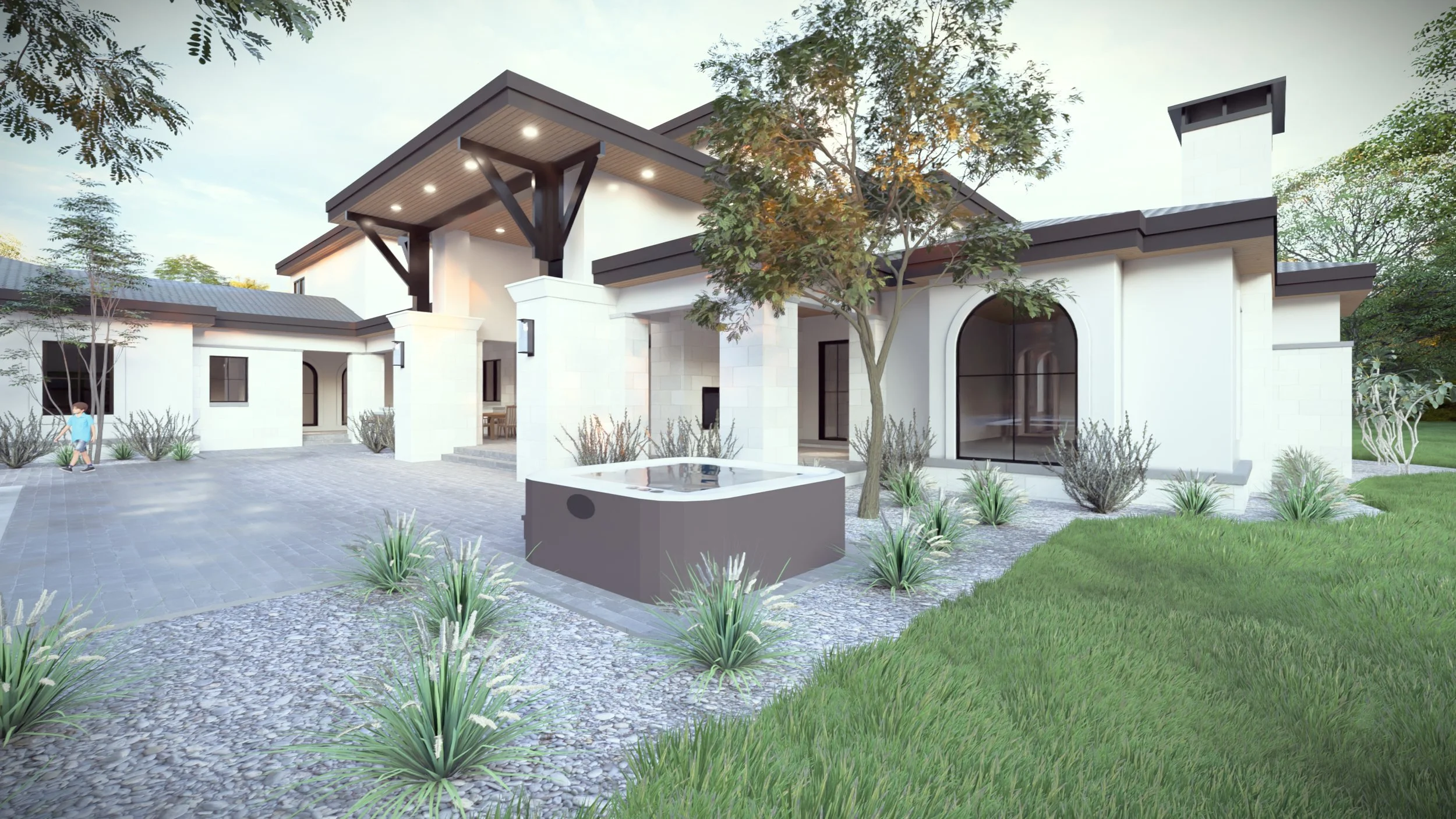 Custom Mediterranean villa outdoor spa area with stone deck and arched patio access.