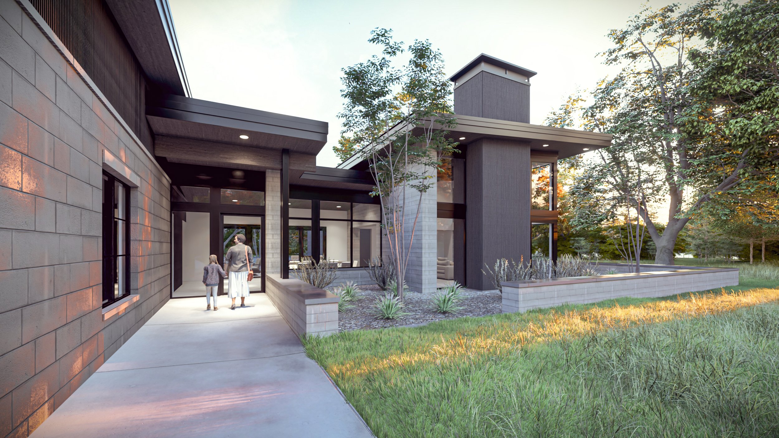 Contemporary home front elevation featuring clean geometry, glass details, and a modern architectural approach.”
