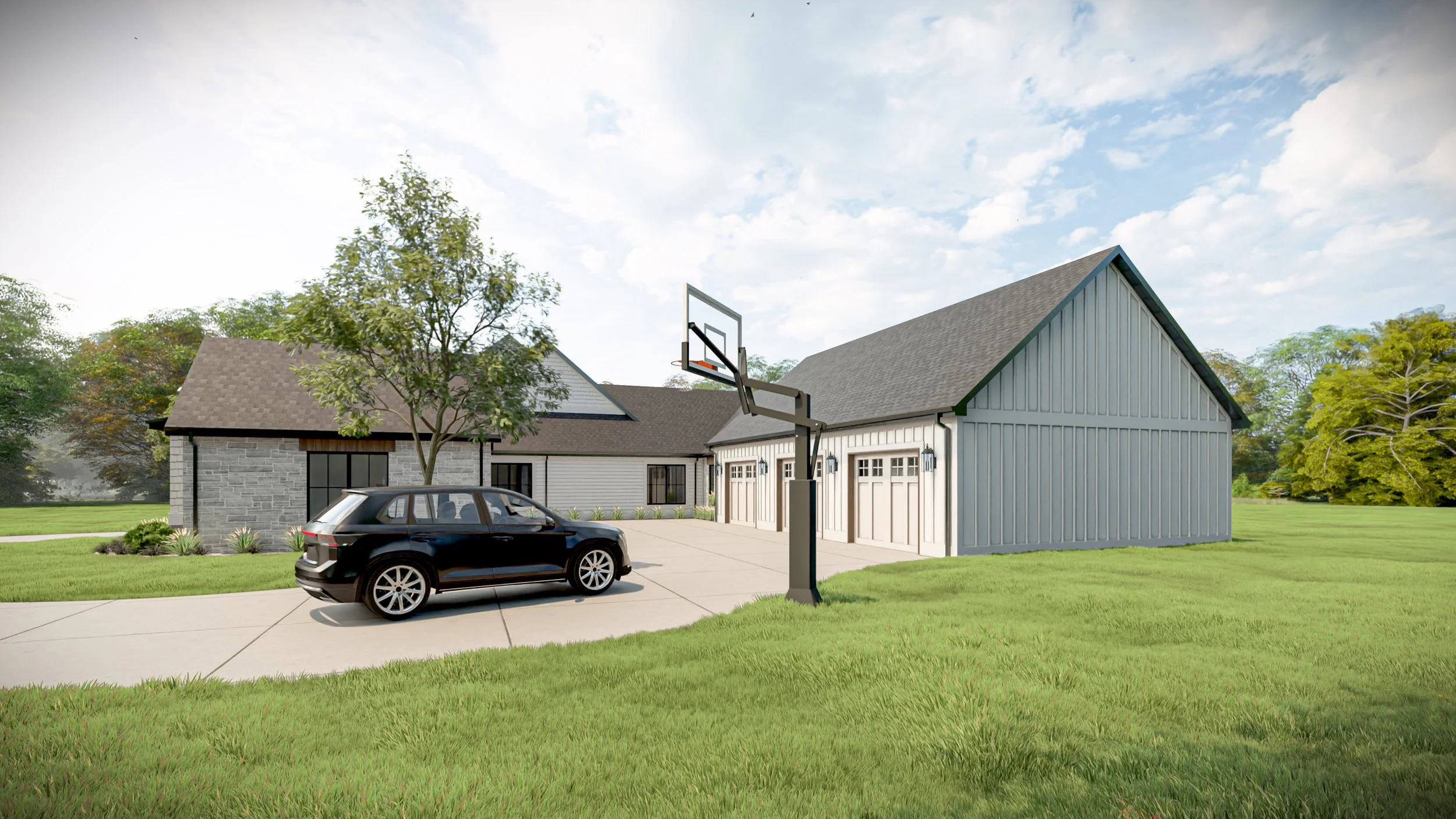 Contemporary farmhouse front design with big windows