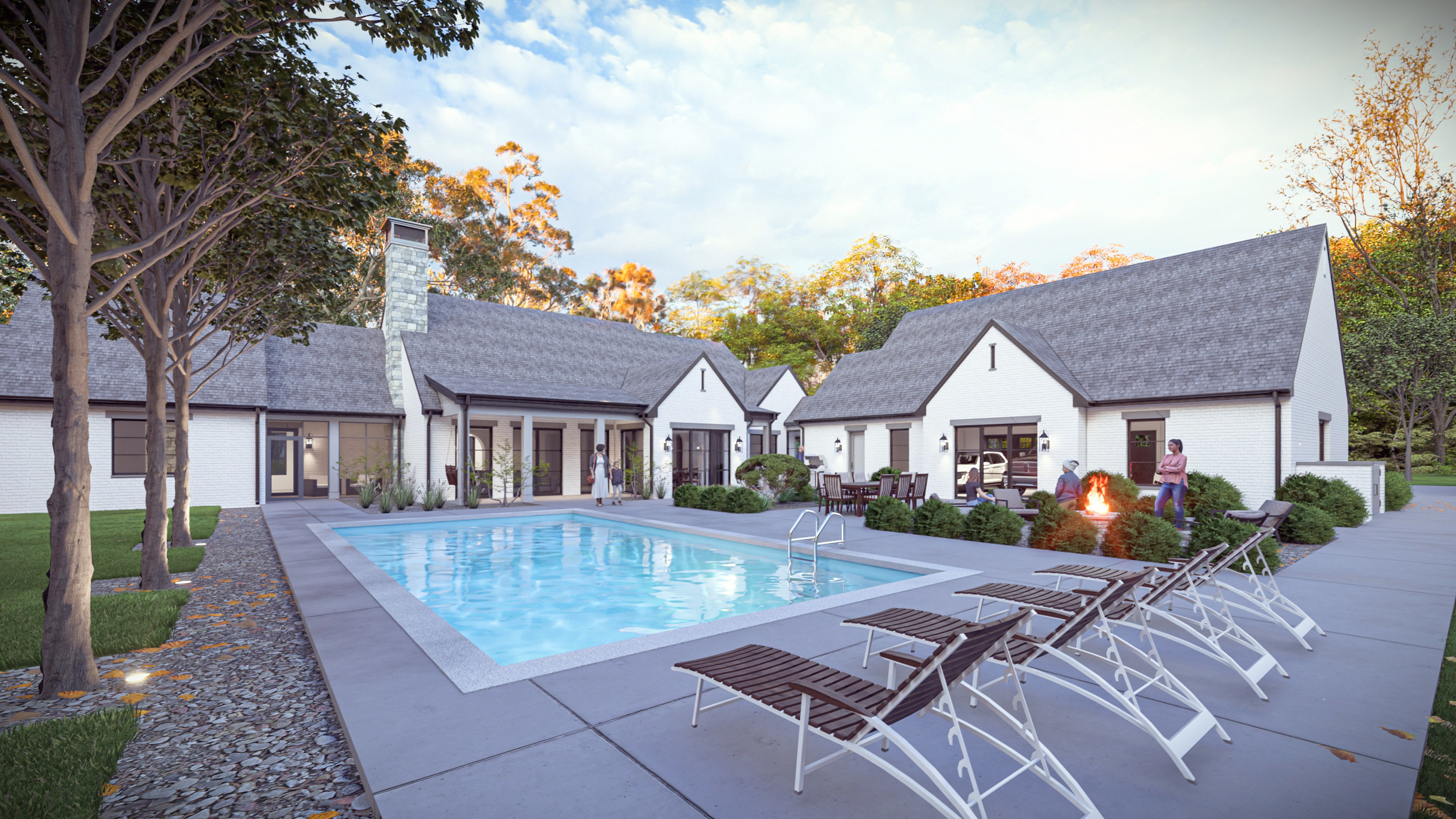 English house backyard with inground pool.