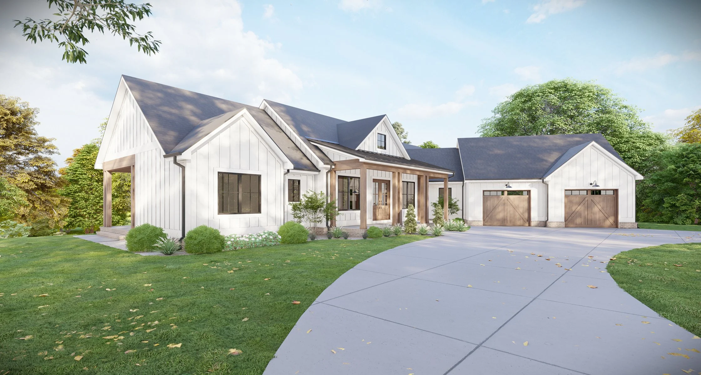 3D rendering of a custom white modern farmhouse front exterior with wood pillars, large garage, and landscaped driveway.