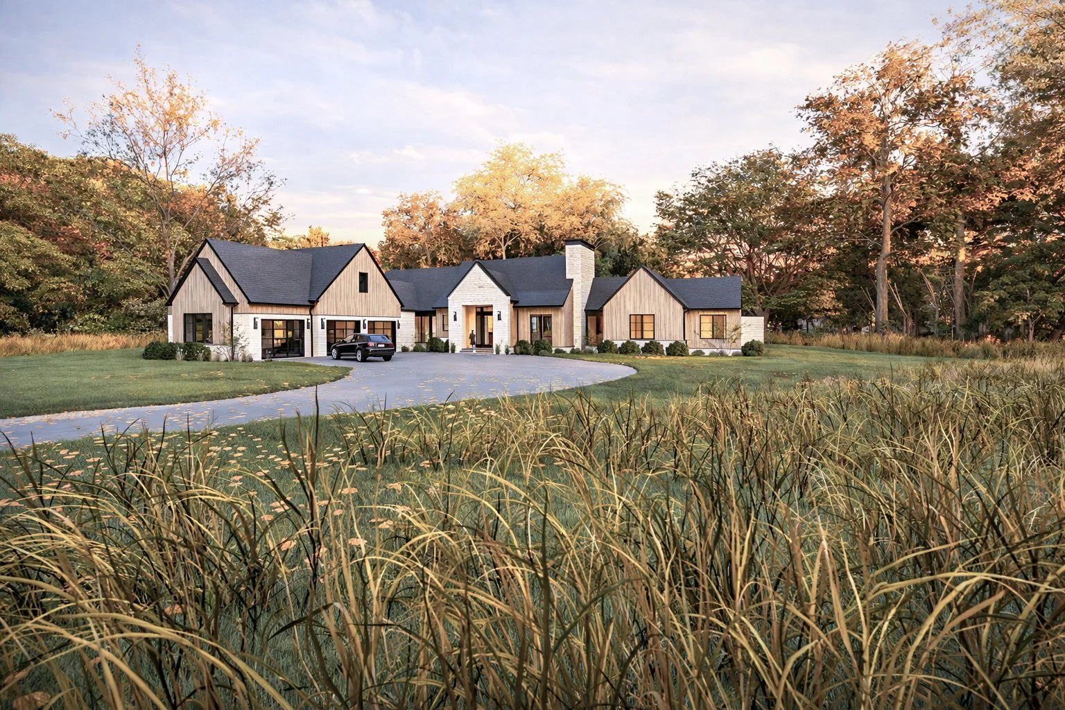 Luxury home front entryway showcasing a prominent stacked stone gable, large black glass double doors, and modern sconce lighting.