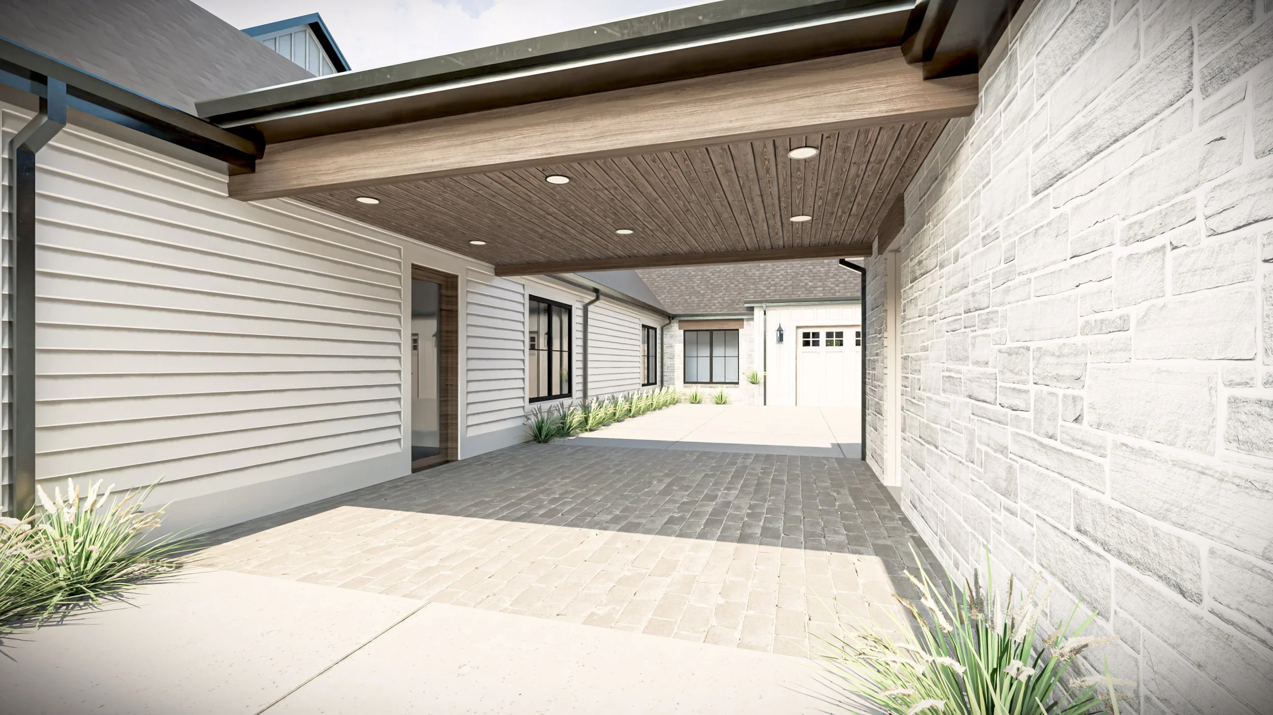 White farmhouse with wood beam and stone detail ideas