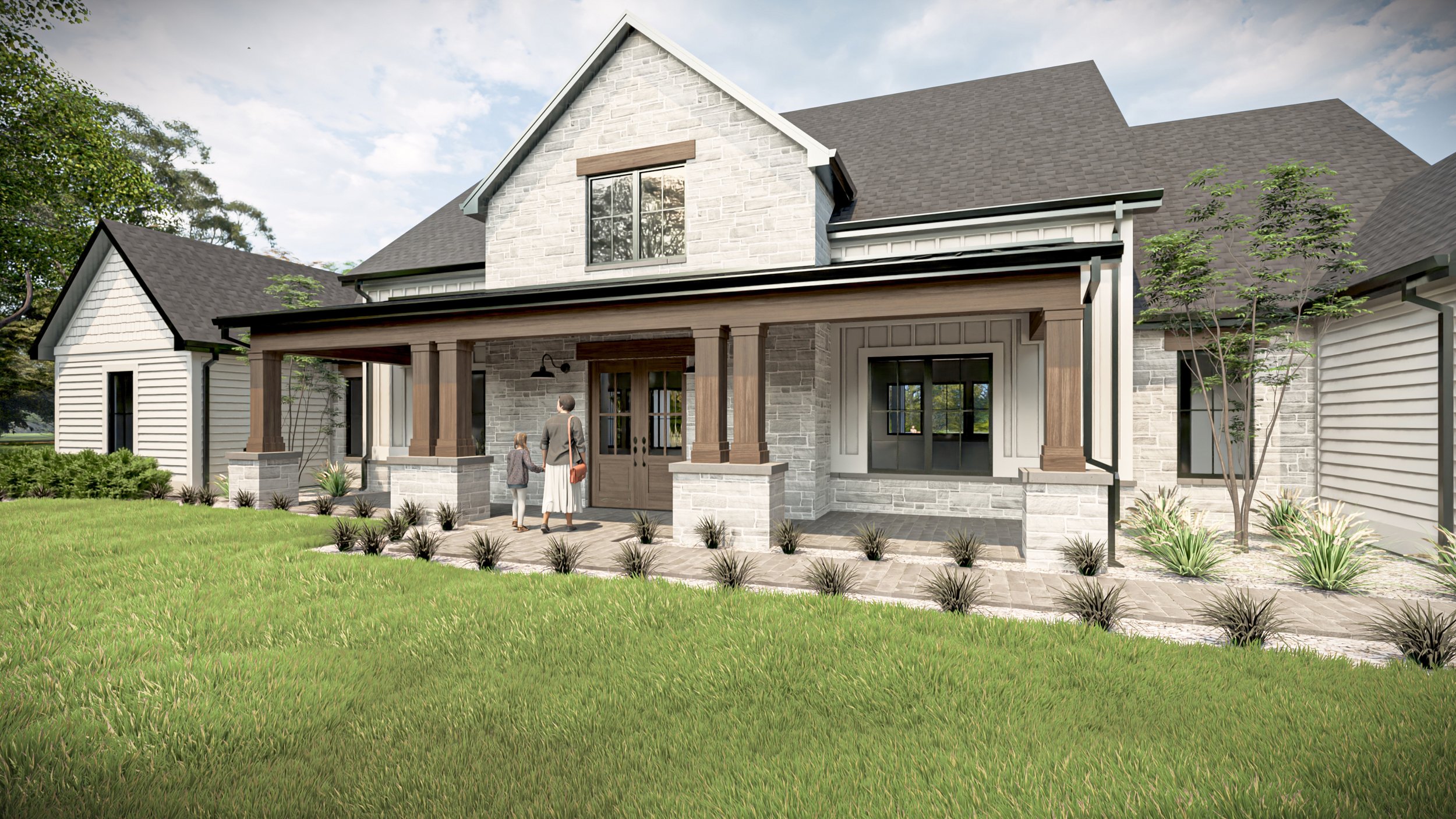 White farmhouse front entrance with wood columns and stone accents